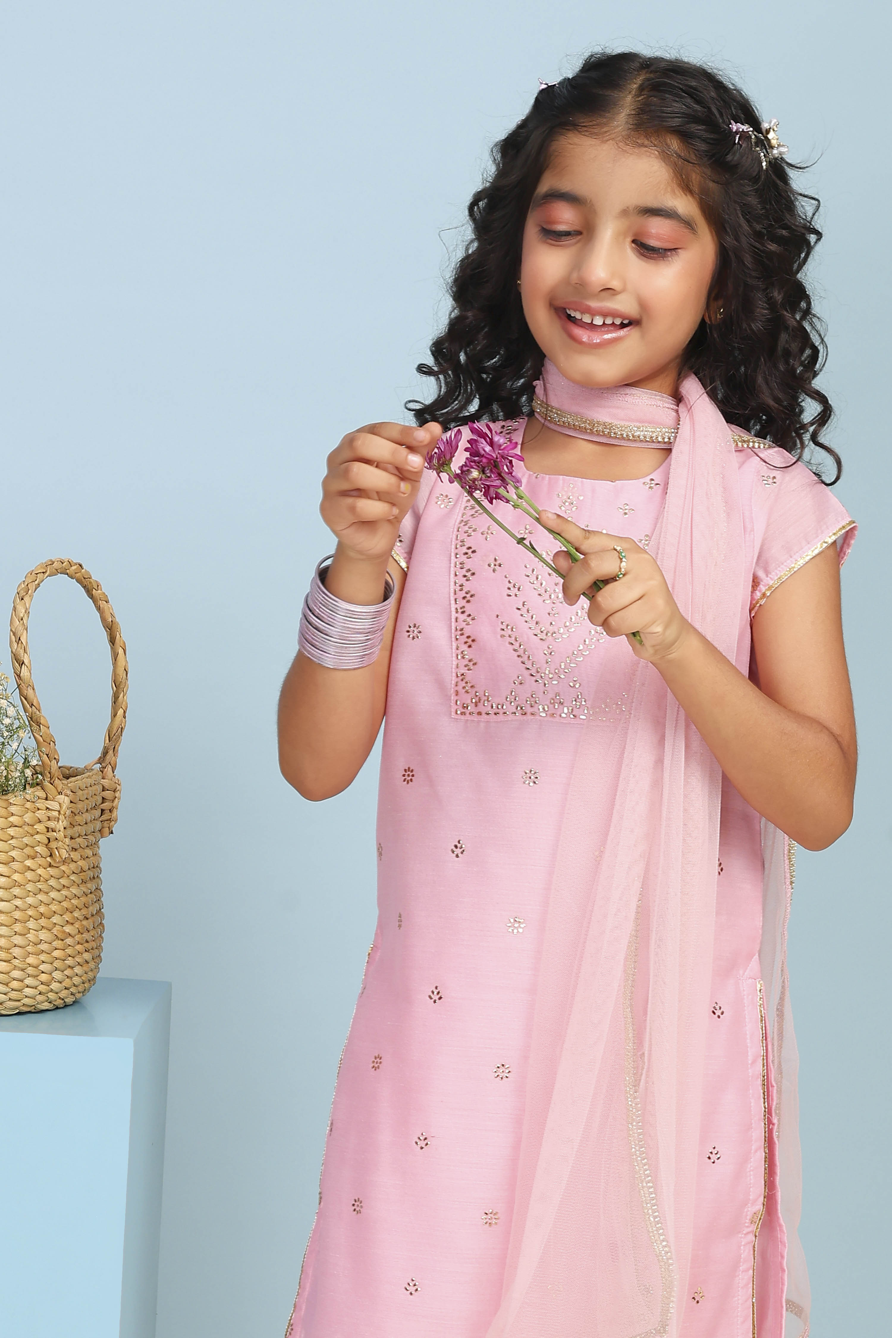 Aqua Polyester Straight Printed Suit Set image number 6