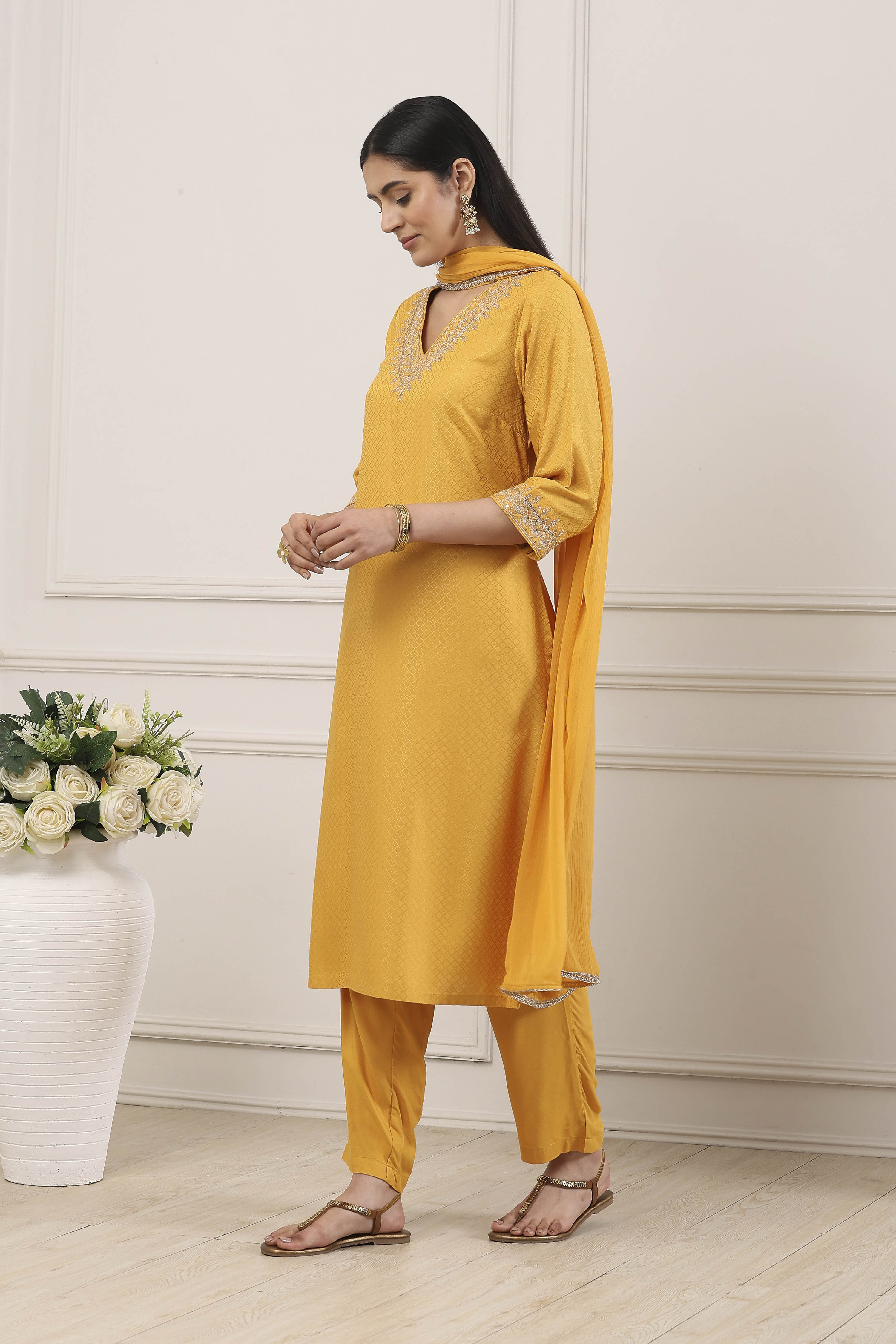 Yellow Viscose Rayon Straight Suit Set image number 3