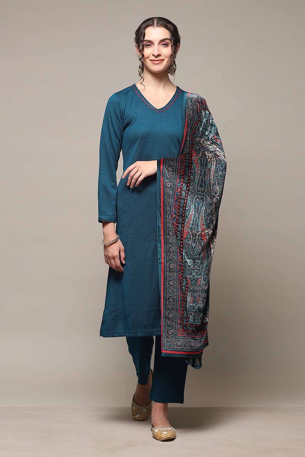 Peacock Blue Acrylic Straight Kurta Pants Suit Set image number 7