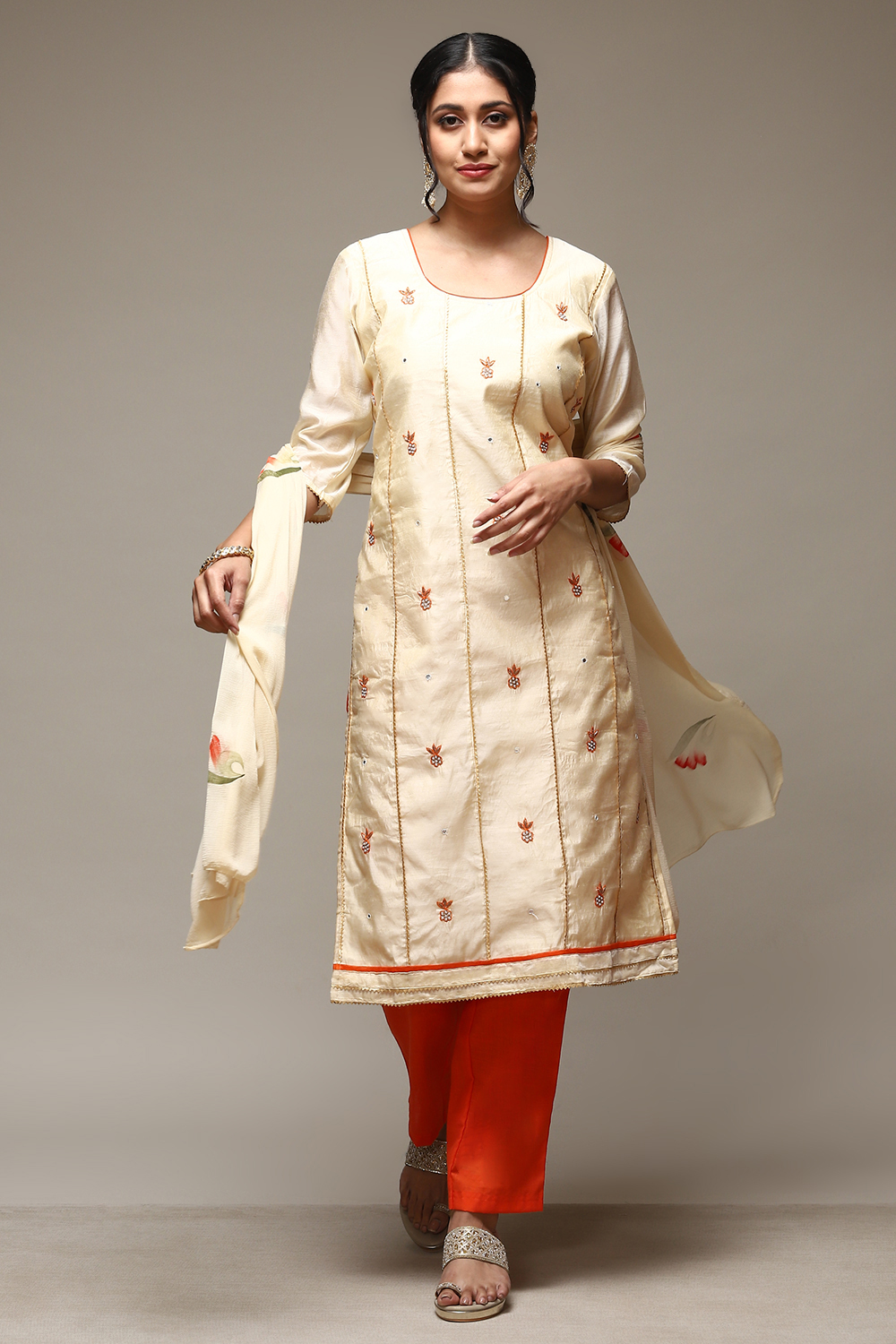 Mustard Chanderi Machine Embroidered Unstitched Suit Set image number 1