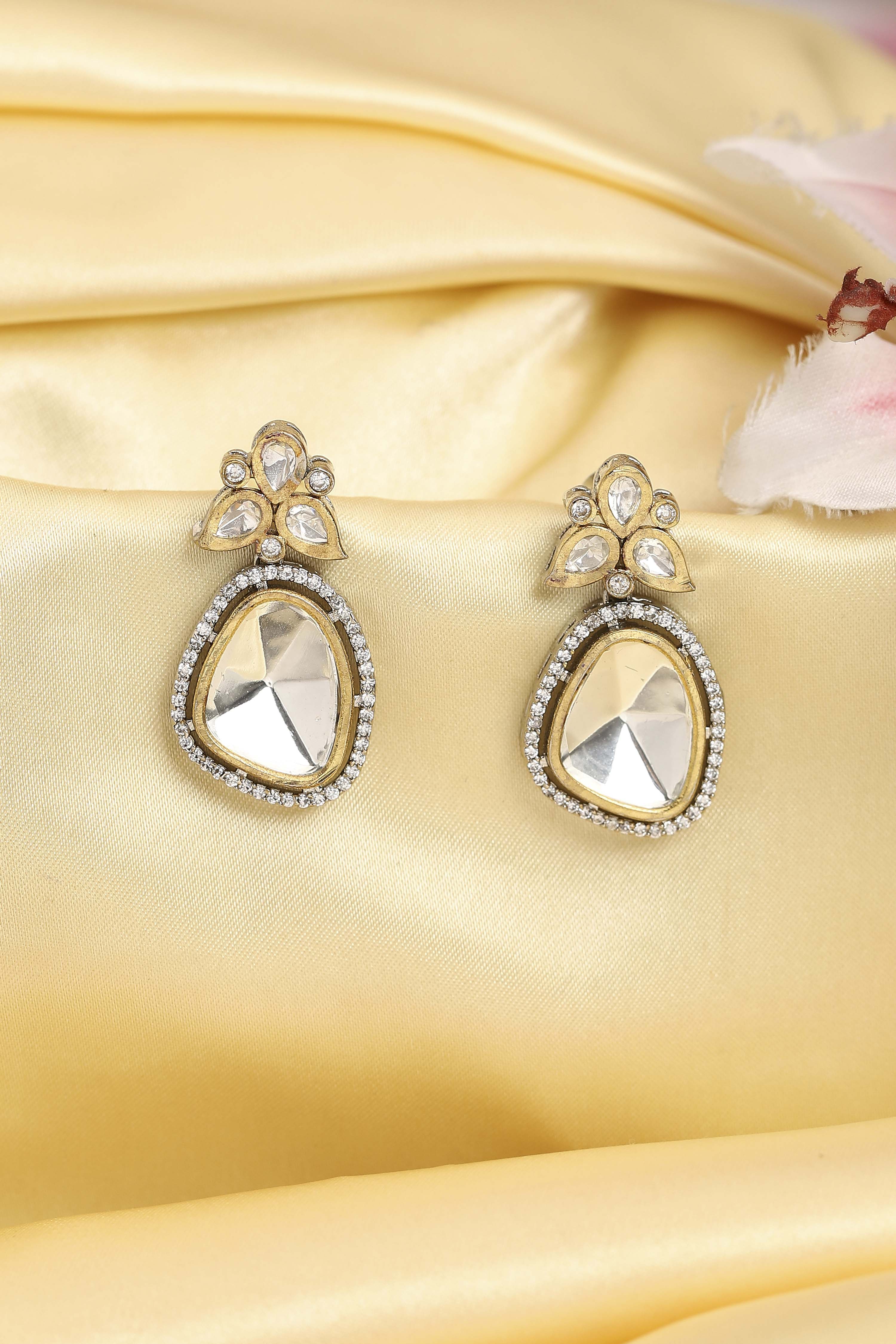 White Silver Plated Brass Stone Studded Drop Earrings image number 0