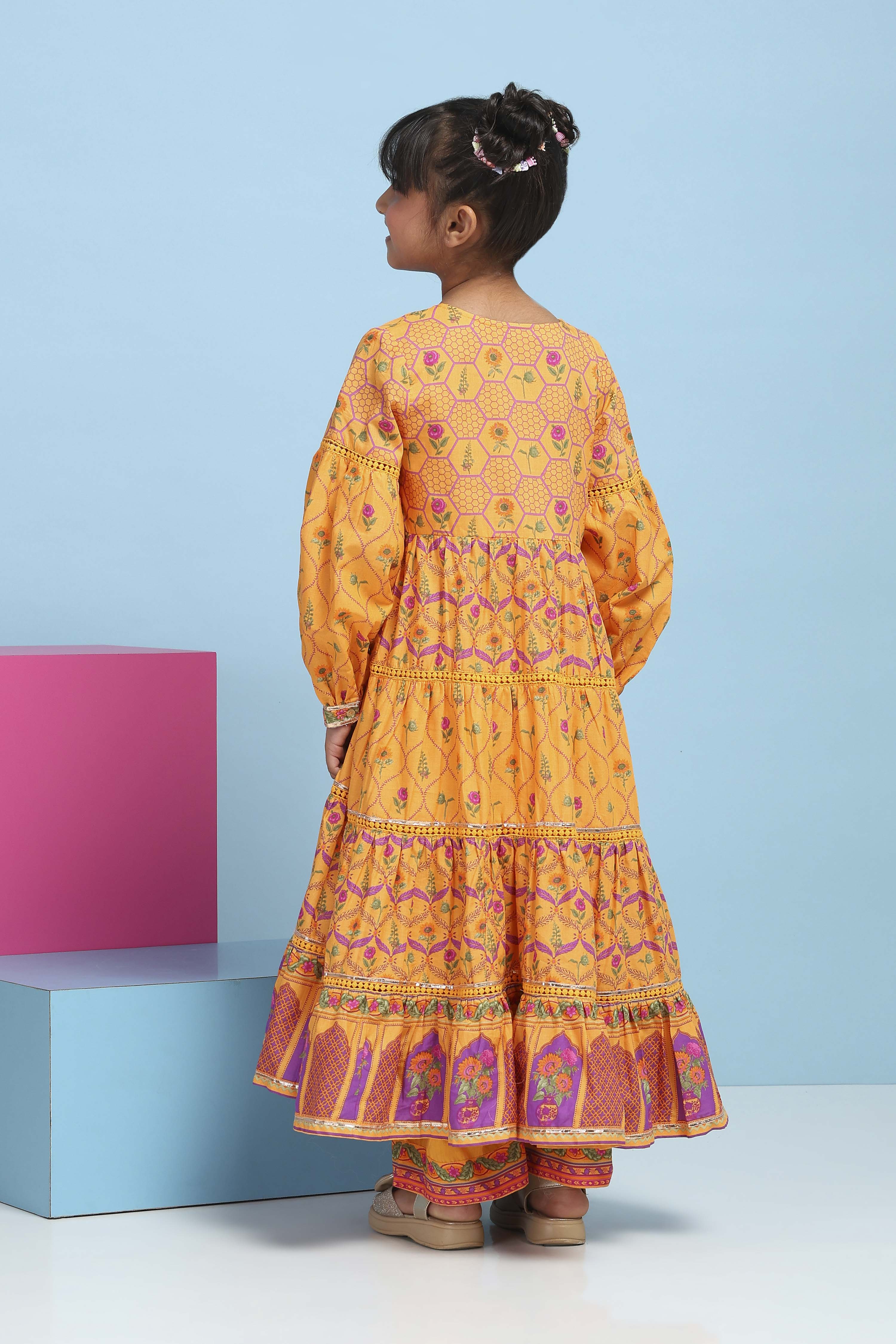 Orange Cotton Printed Tiered Suit Set image number 4