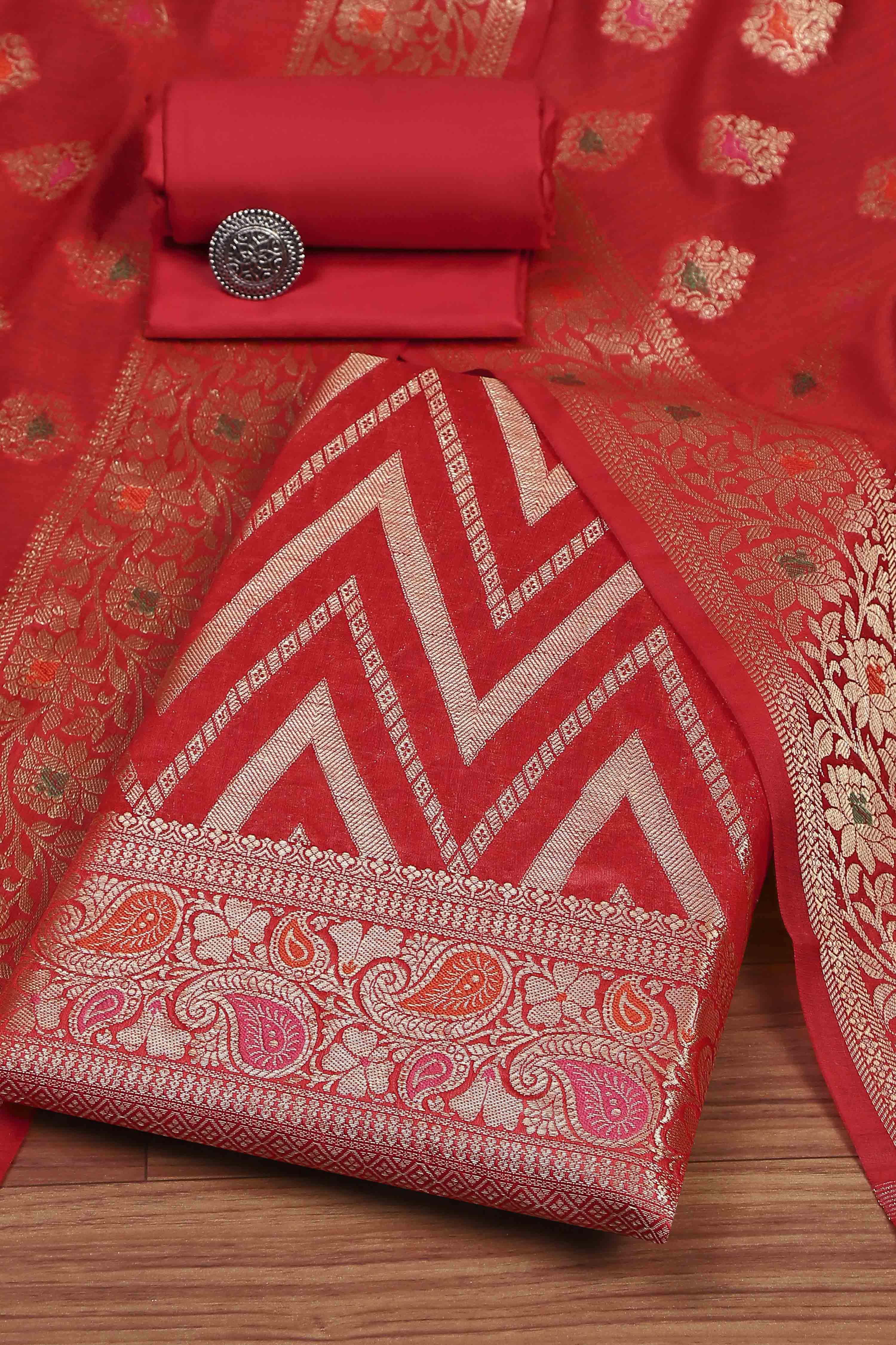 Red Cotton Printed Embroidered Unstitched Suit Set image number 0