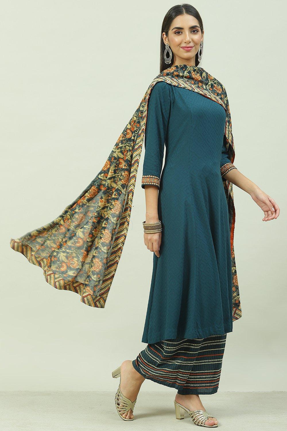 Teal LIVA Straight Kurta Palazzo Suit Set image number 6