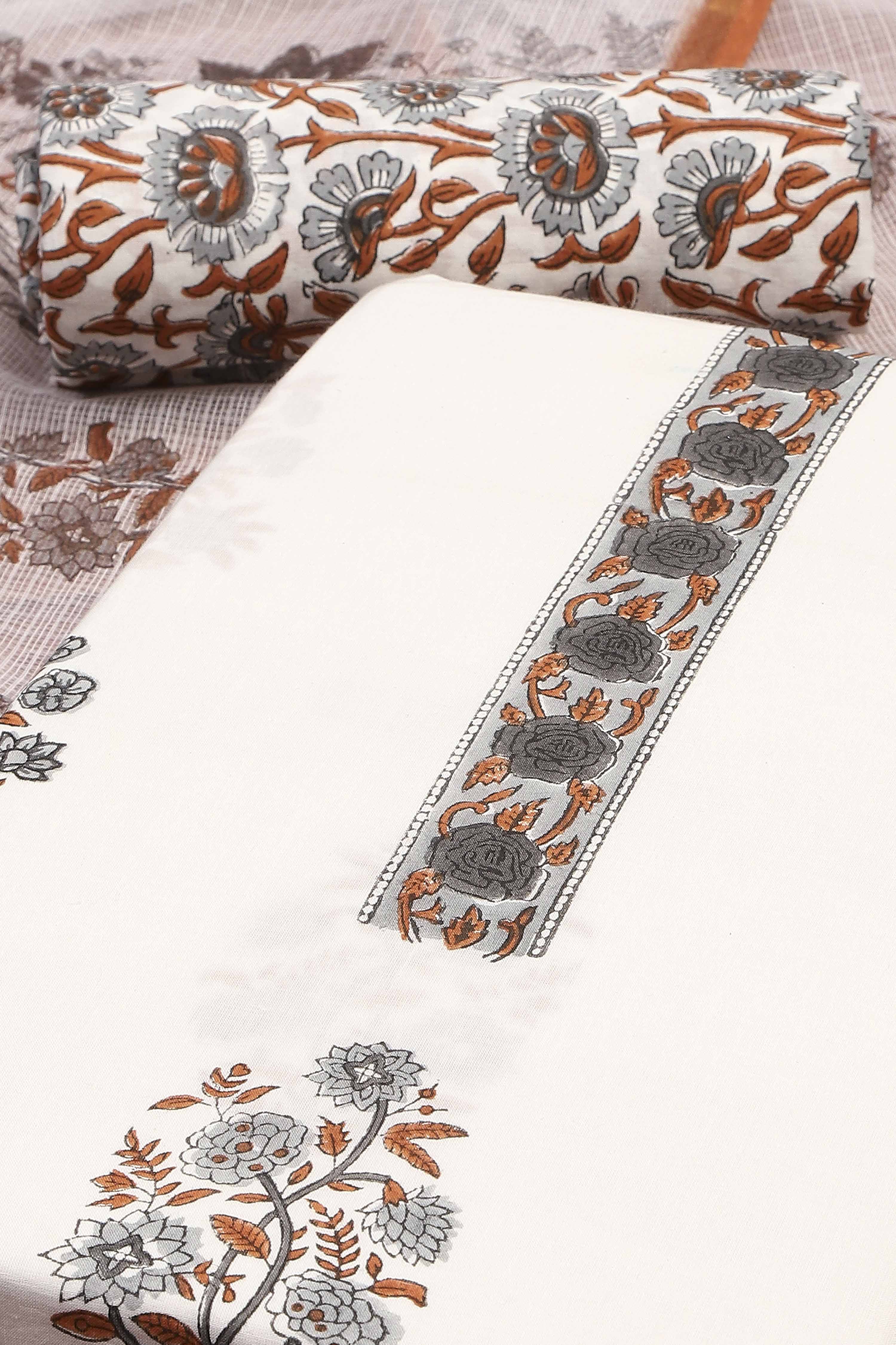 Grey Cotton Hand Block Print Unstitched Suit Set image number 1