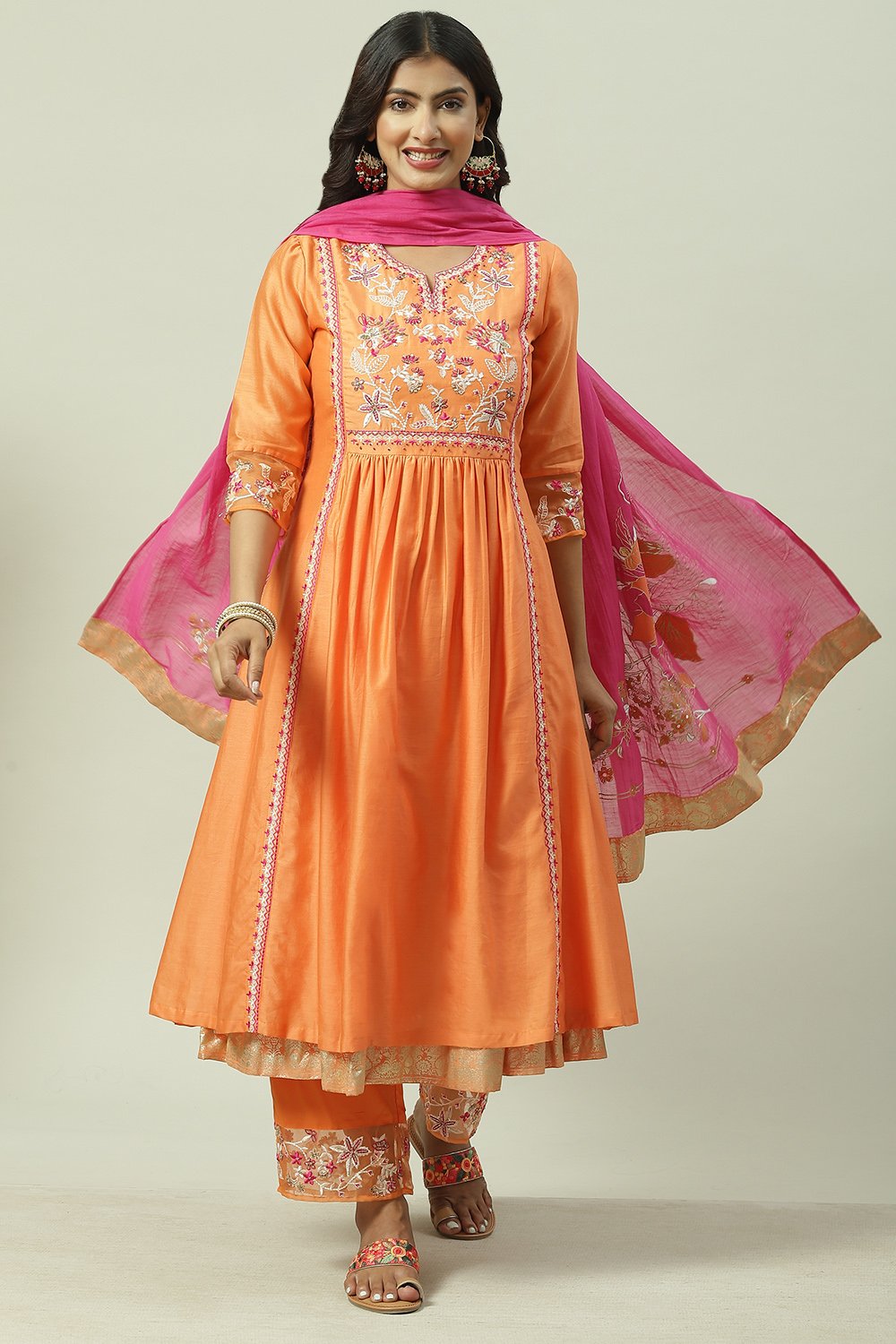 Orange Pink Cotton Silk Flared Kurta Palazzo Suit Set image number 0