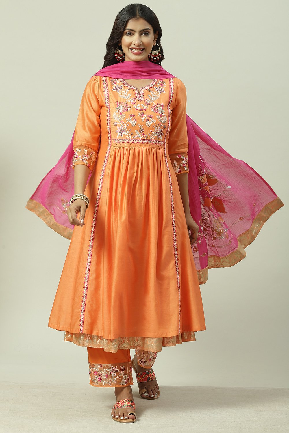 Buy Orange Pink Cotton Silk Flared Kurta Palazzo Suit Set Kurta