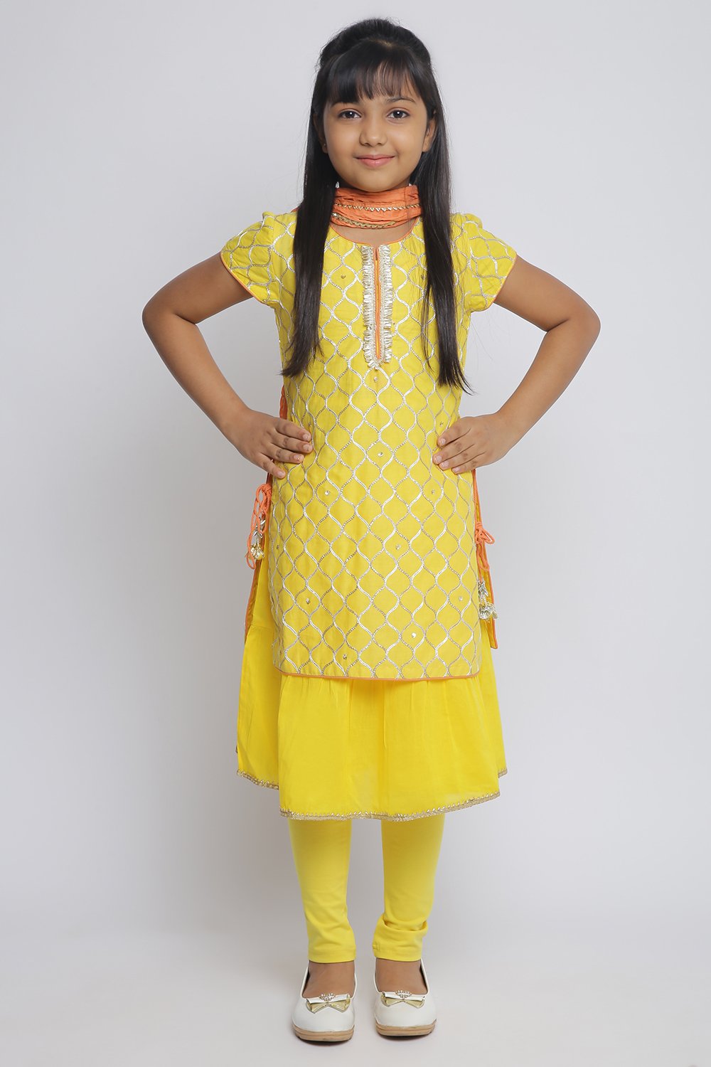 Yellow Cotton Double Layered Kurta Churidar Suit Set image number 0