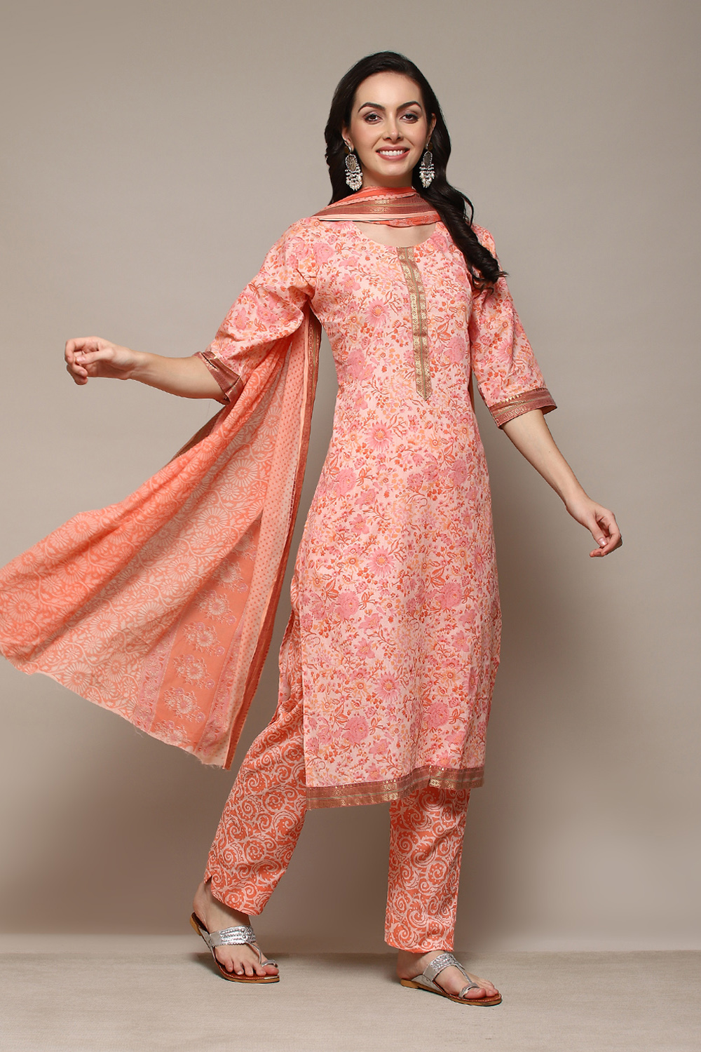 Peach Cotton Hand Block Print Unstitched Suit Set image number 7