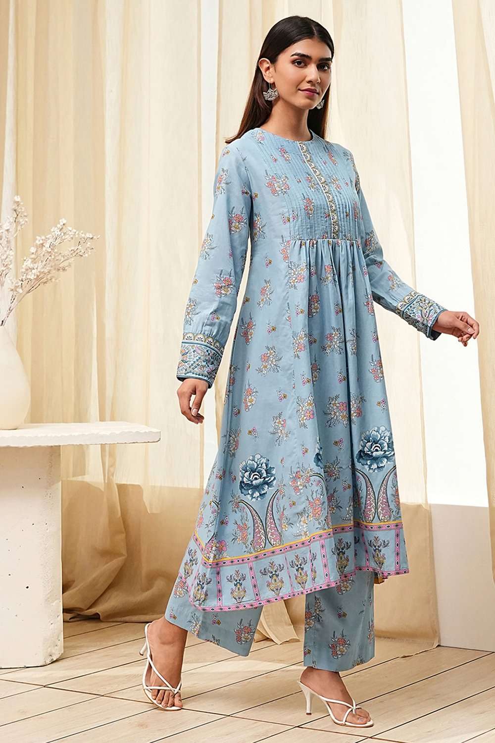 Dull Blue Cotton Flared Printed Kurta Set image number 5