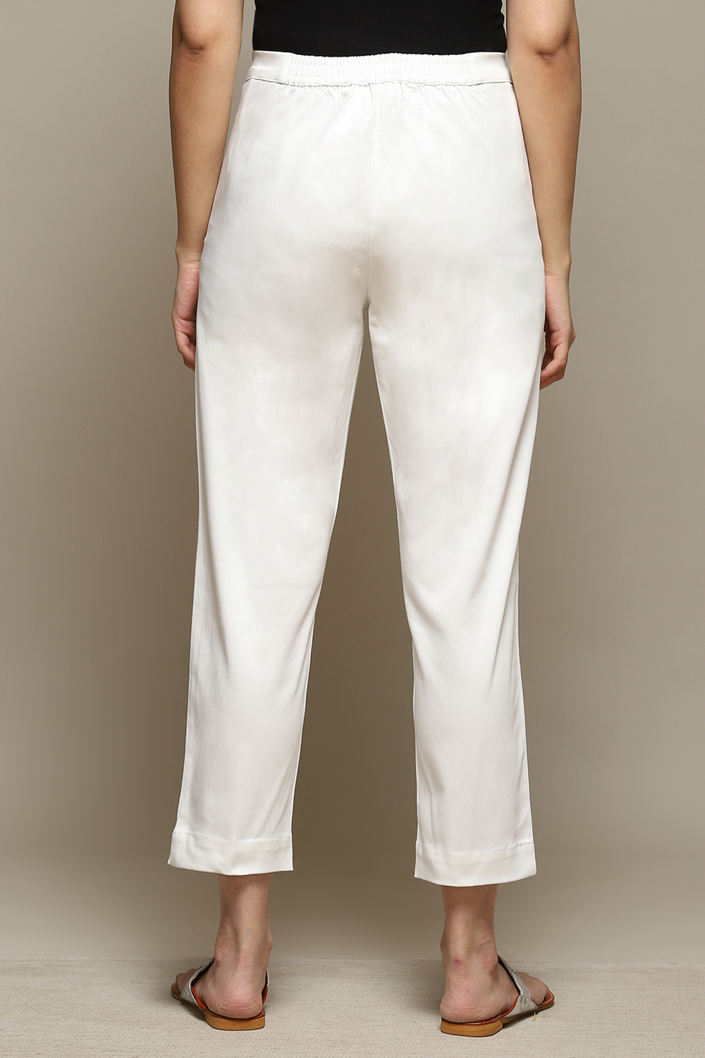 Off White Cotton Blend Narrow Pants image number 3