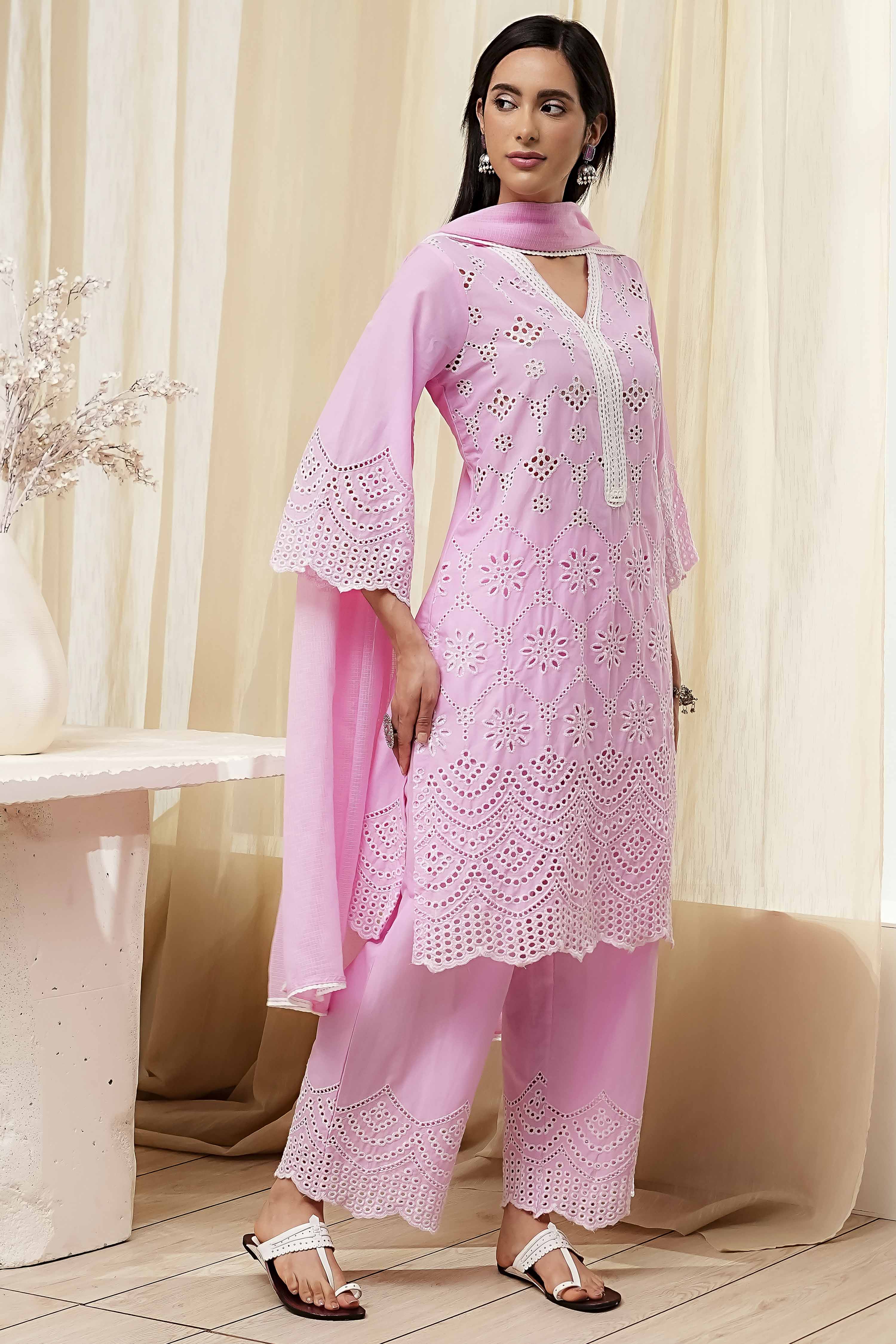 Pink Cotton Schiffli Straight Suit Set image number 5