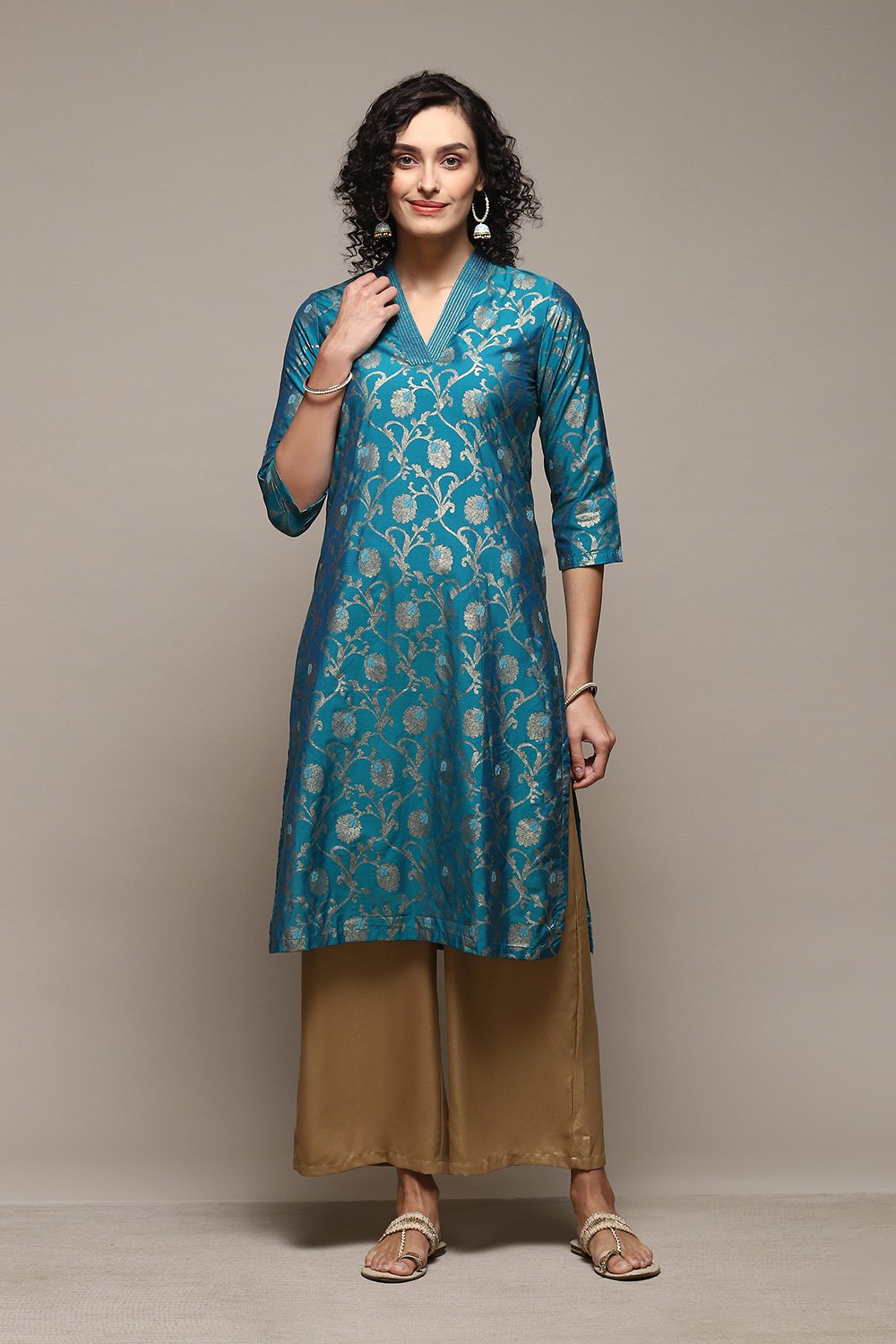 Teal Poly Viscose Straight Printed Kurta image number 5