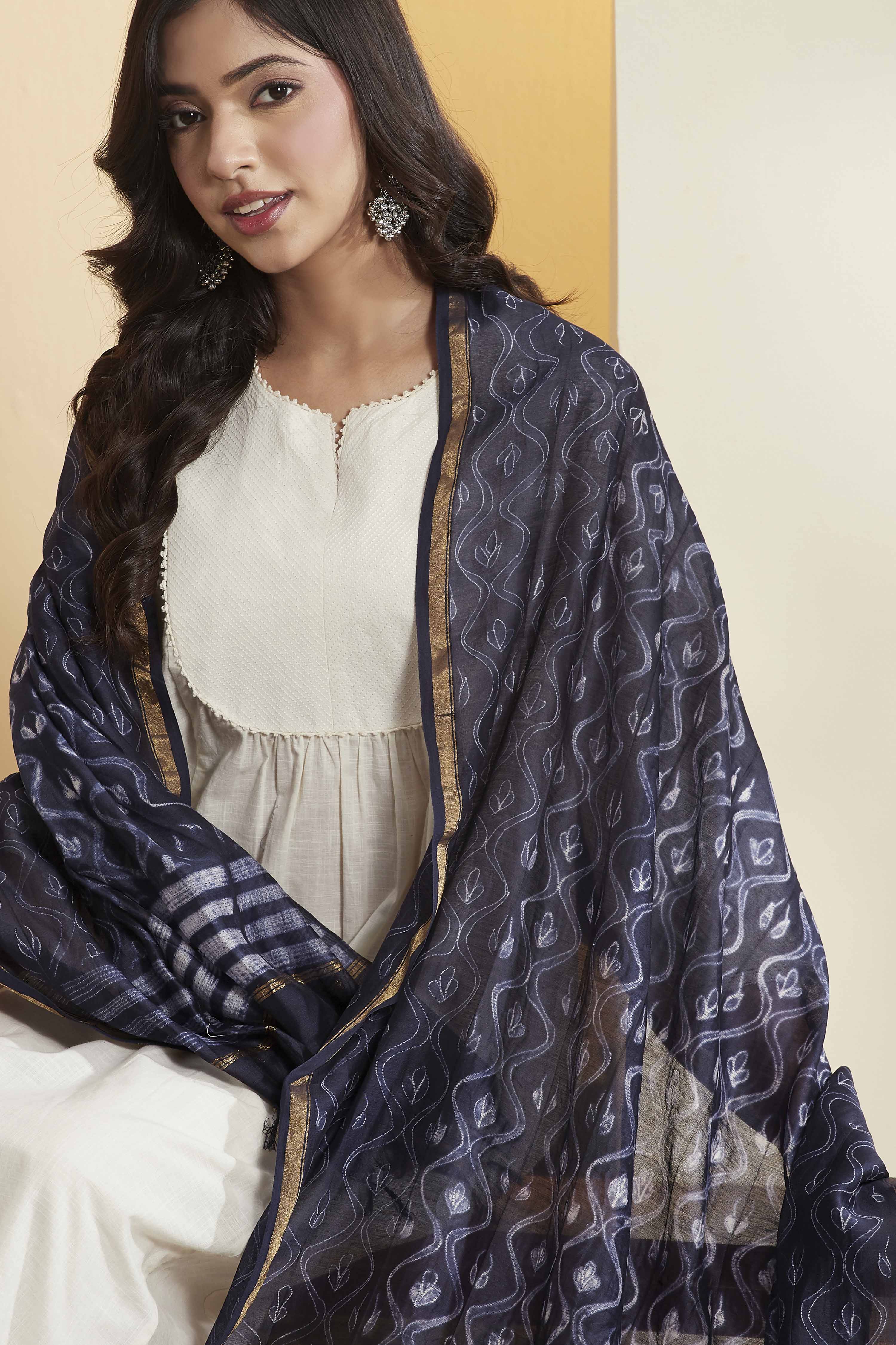 Navy Blue Printed Chanderi Dupatta image number 1