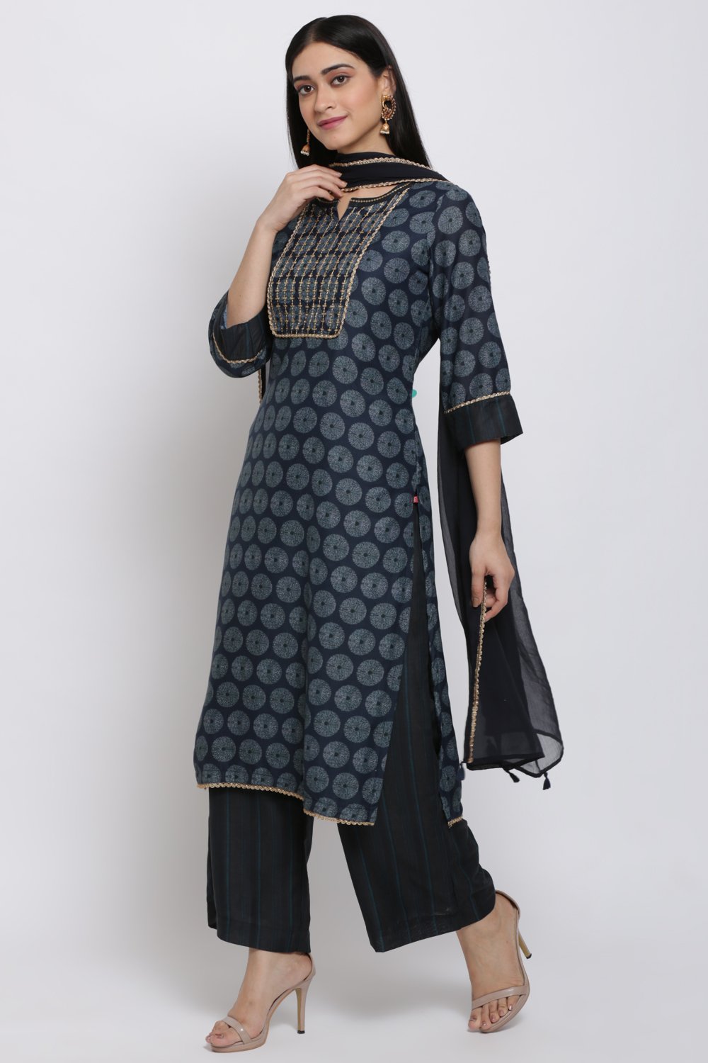 Navy Blue Art Silk Straight Kurta Palazzo Suit Set image number 3