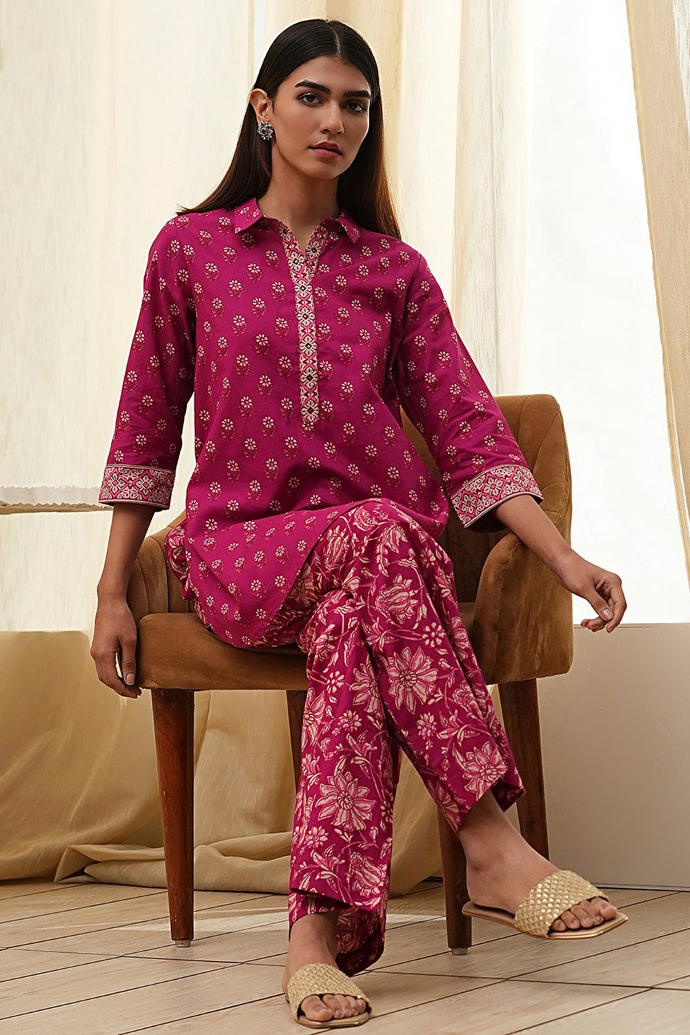 Plum Red Cotton Printed Kurta Set image number 0