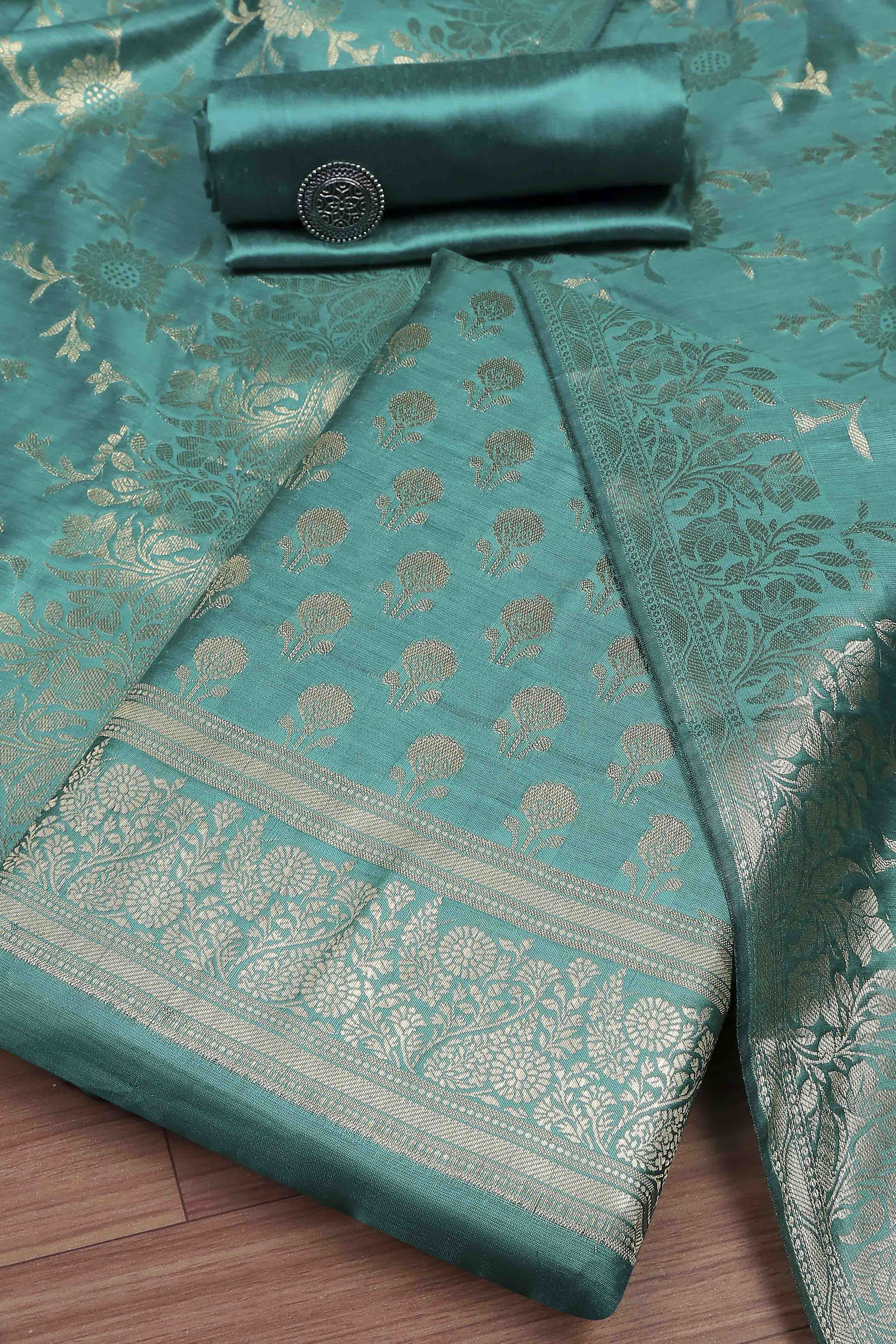Teal Banarasi Chanderi Banarasi Print Unstitched Suit Set image number 0