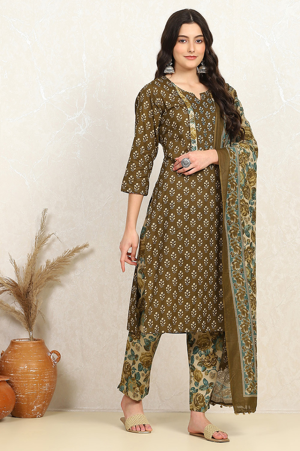 Rust Cotton Unstitched Suit Set image number 6
