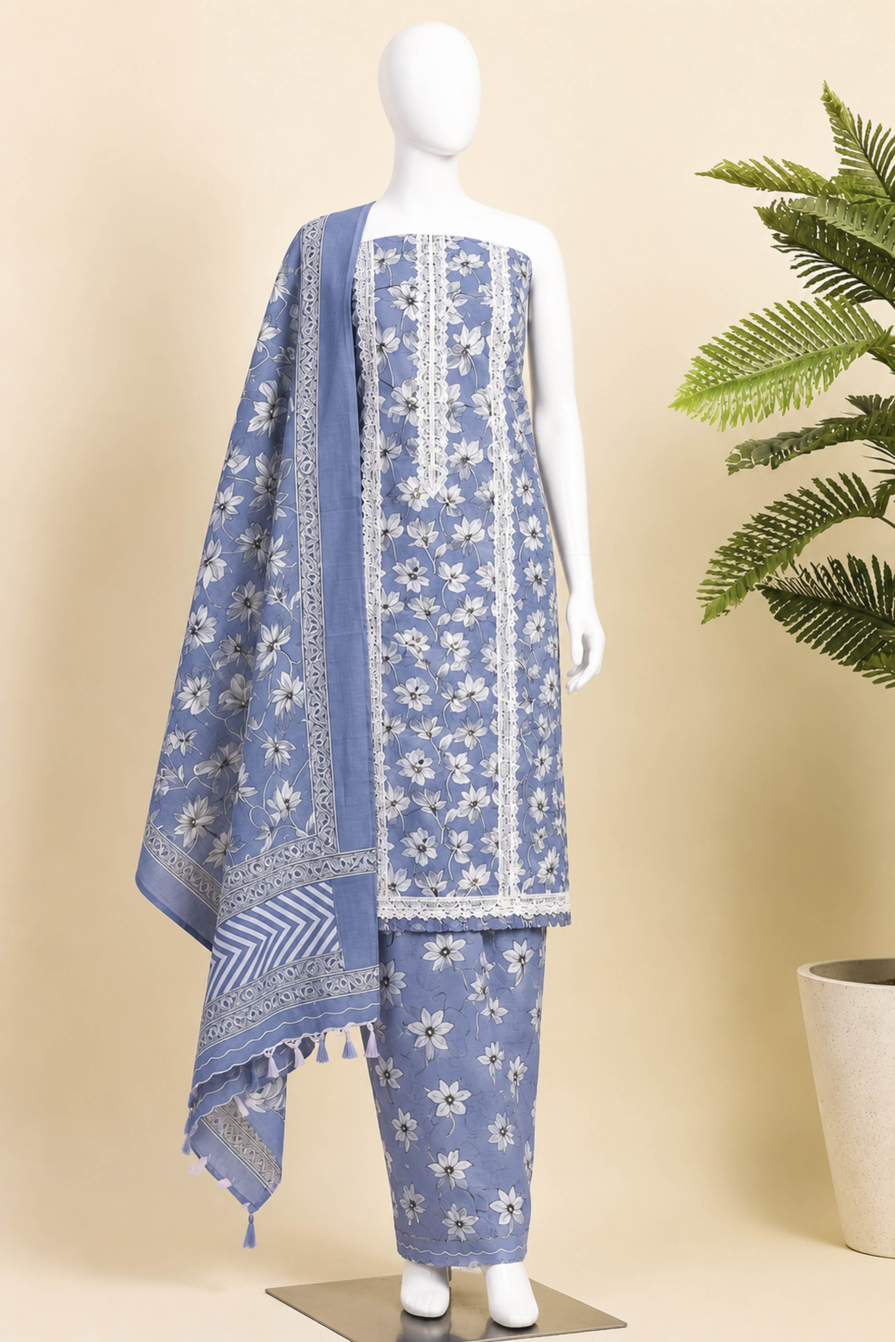 Teal Cotton Printed Unstitched Suit Set image number 4