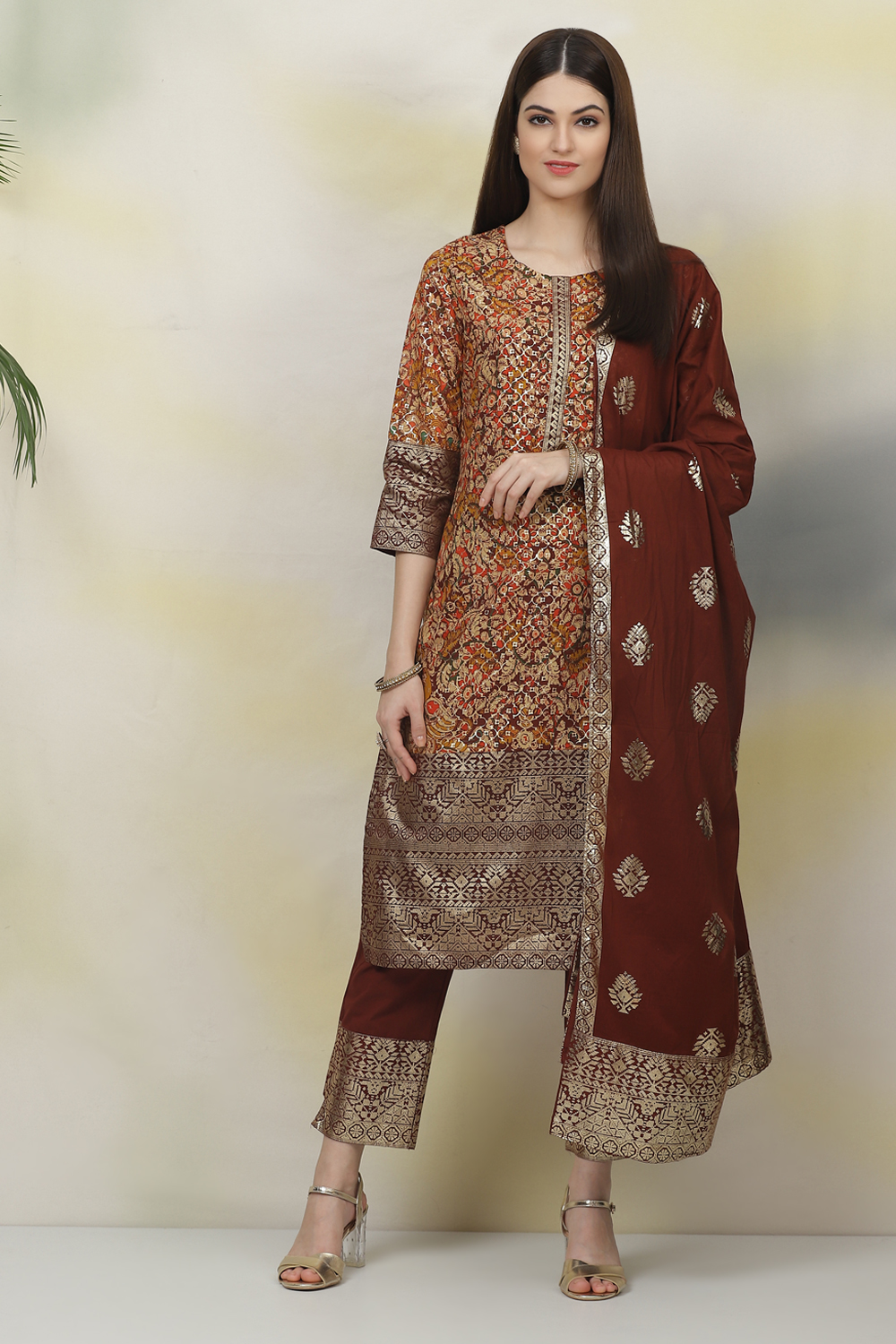 Choco Brown Cotton Straight Kurta Slim Pant Suit Set image number 0