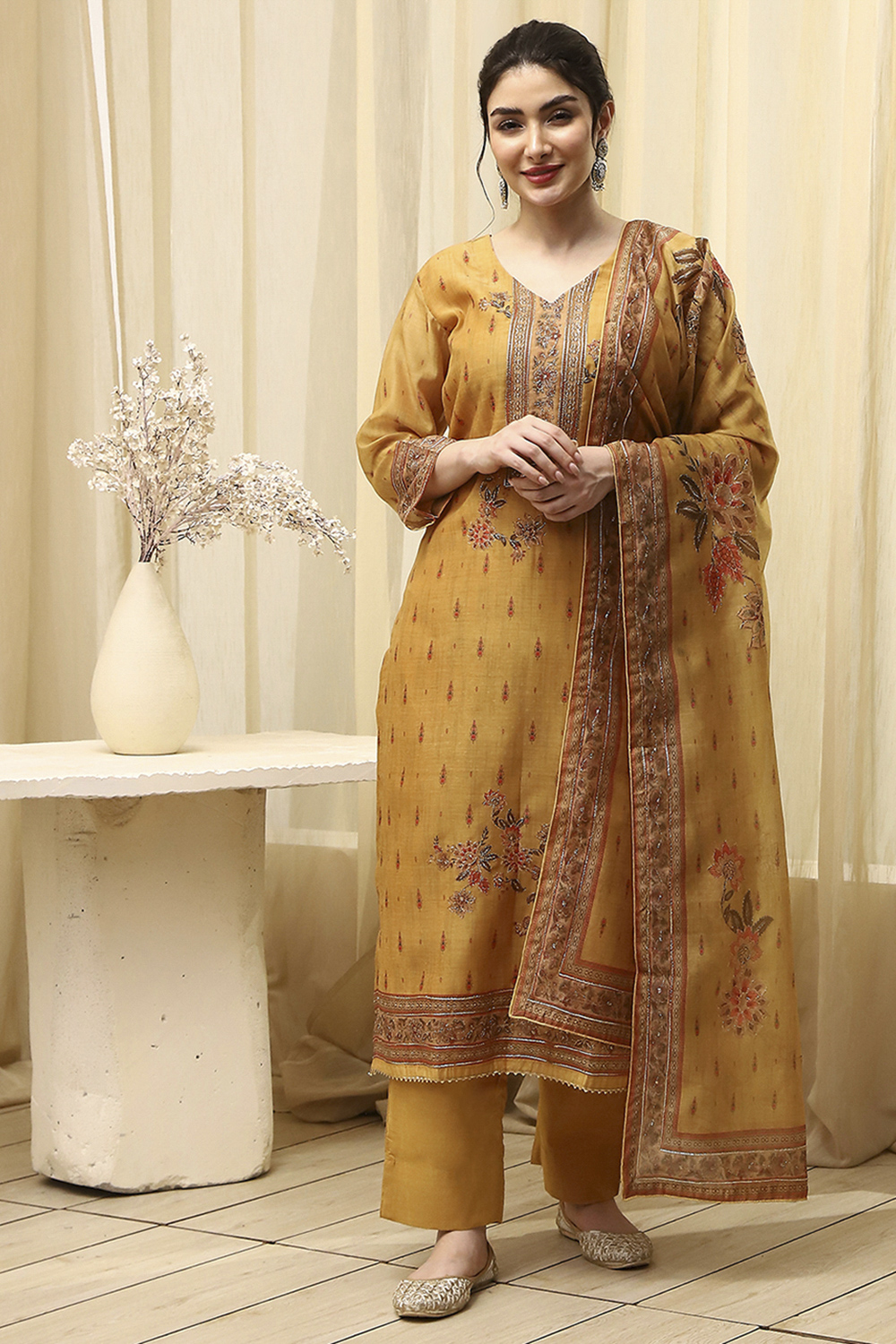 Pink Chanderi Printed Embroidered Unstitched Suit Set image number 7