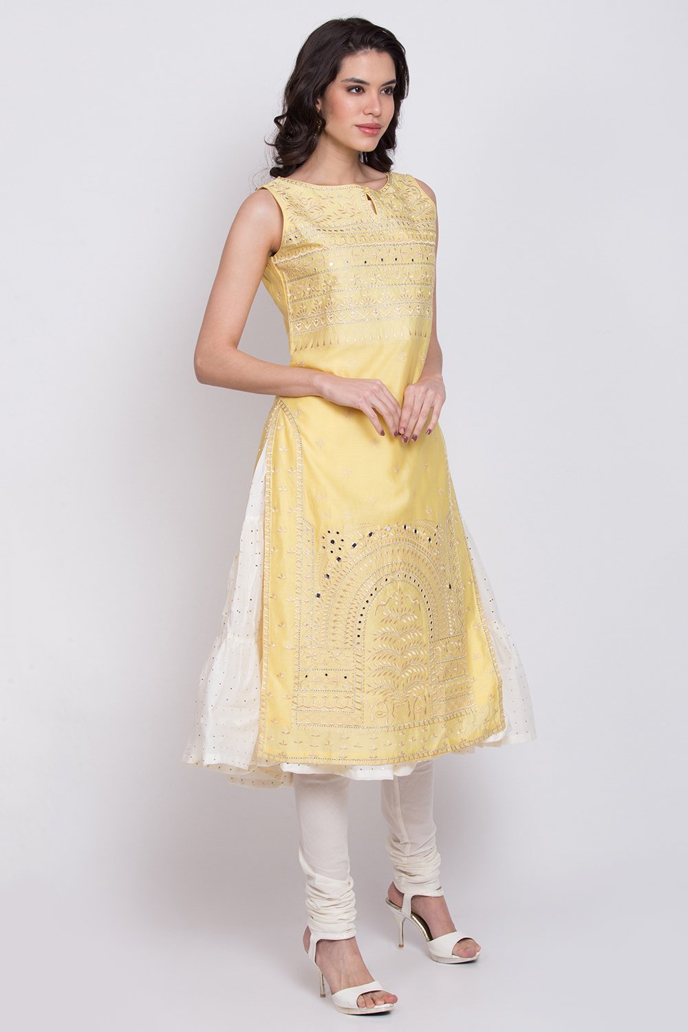 Yellow Cotton Silk A-Line Kurta Churidar Suit Set image number 3