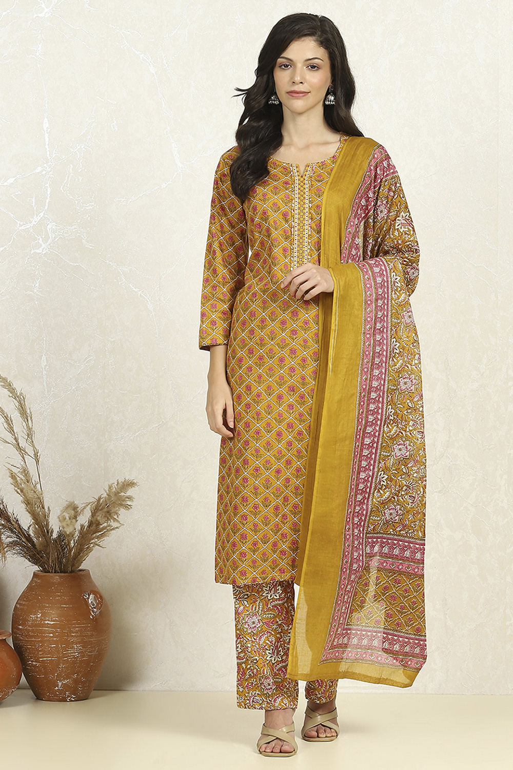 Blue Cotton Unstitched Suit Set image number 7