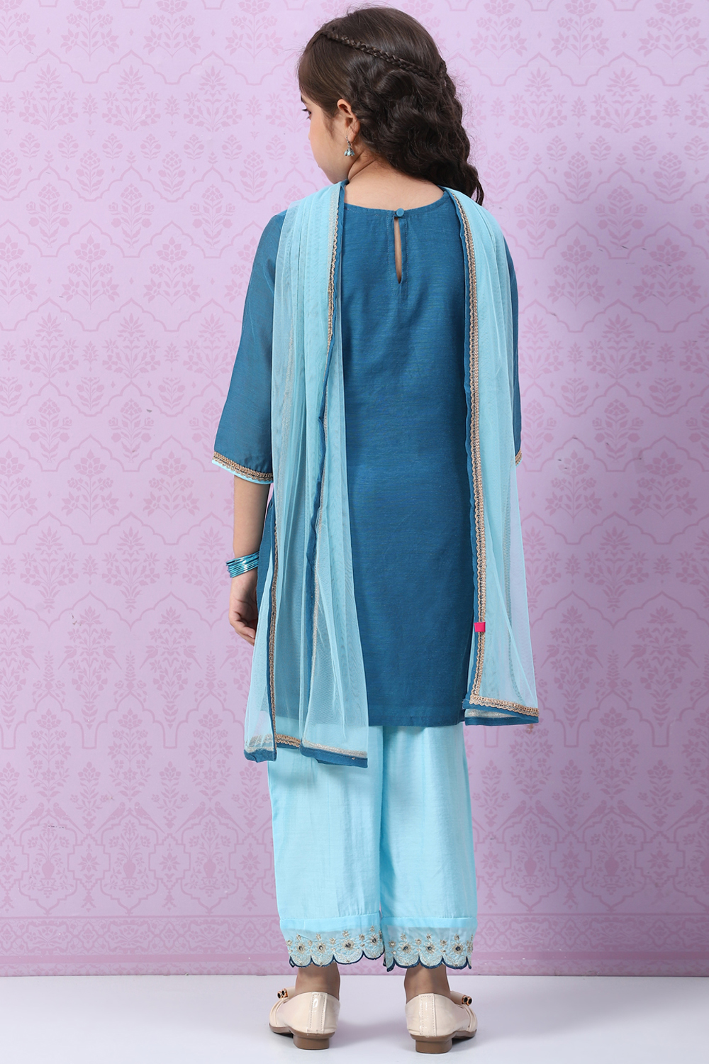 Marine Blue Art Silk Straight  Kurta Palazzo Suit Set image number 4