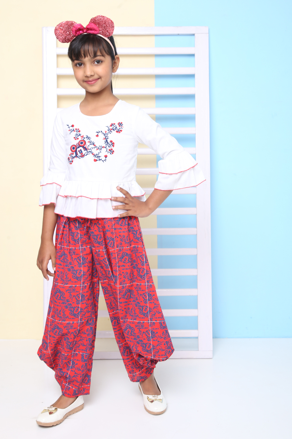 White And Red Cotton Indie Mickey Embroidered Top And Pant Set image number 2