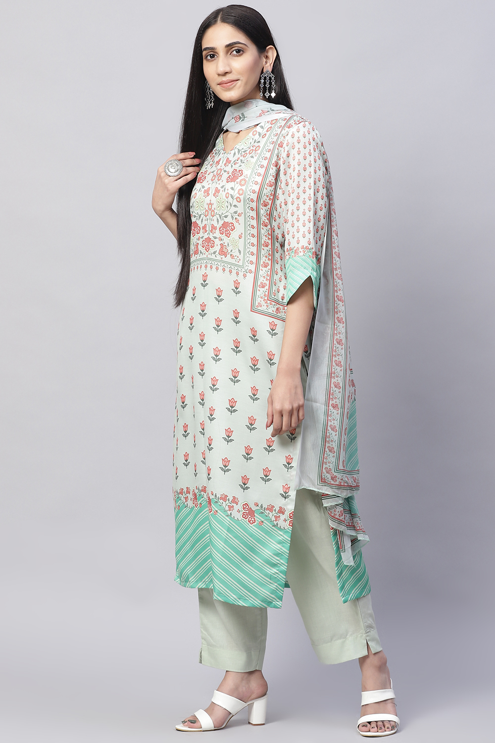 Pastel Green Cotton Blend Digital Print Unstitched Suit Set image number 5