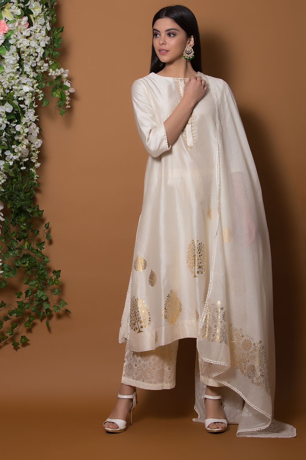 Ivory Cotton Silk A Line Suit Set By Anju Modi image number 0