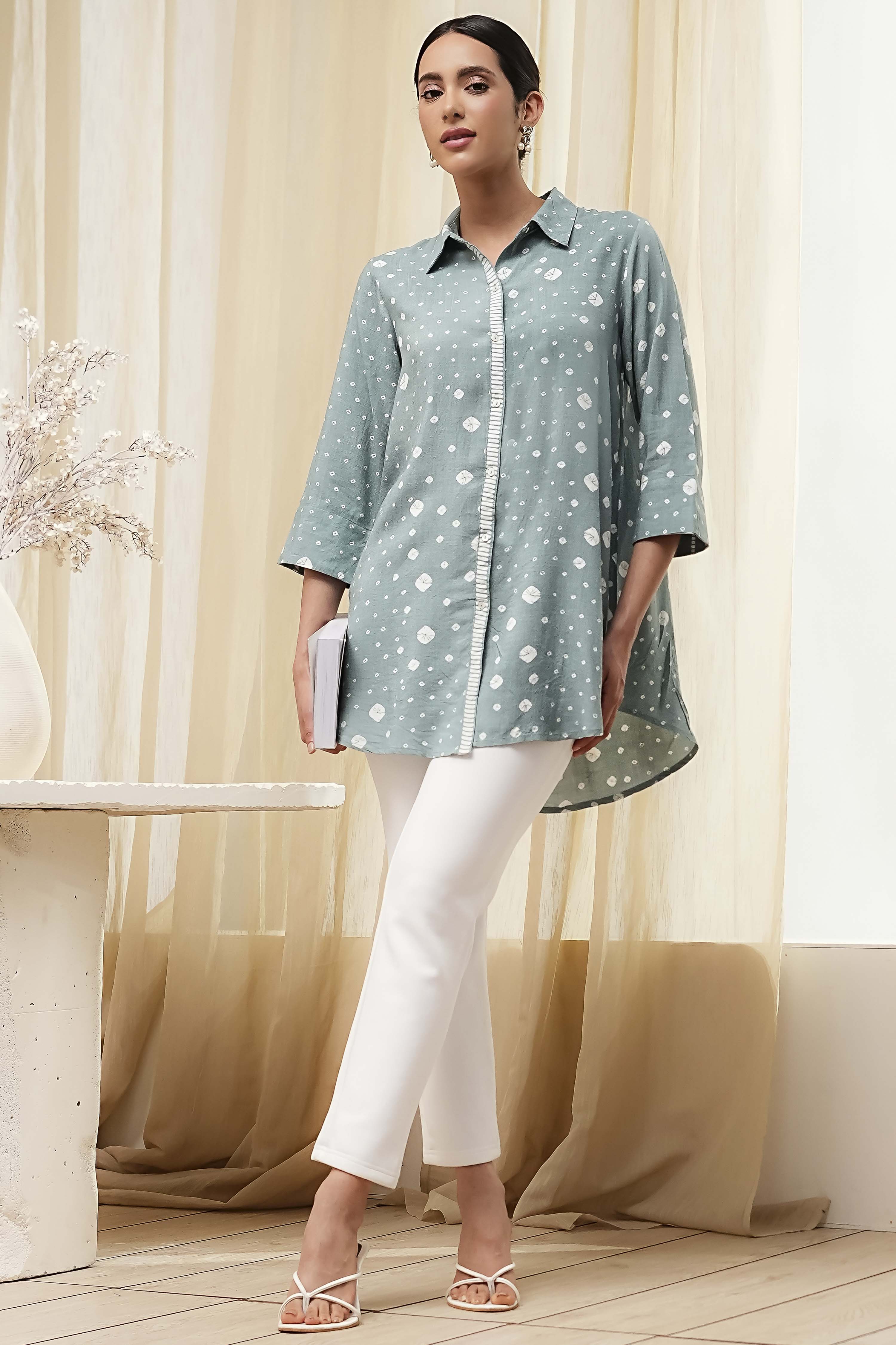 Blue Printed High-Low Short Kurta image number 0
