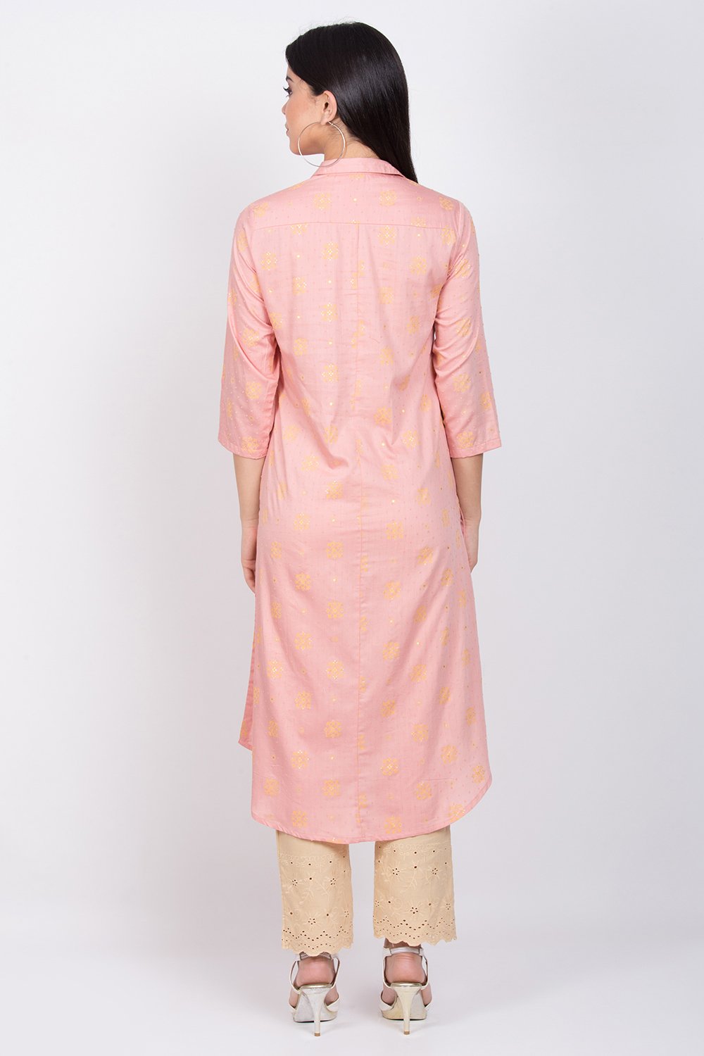 Peach Cotton Front Open Printed Kurta image number 4