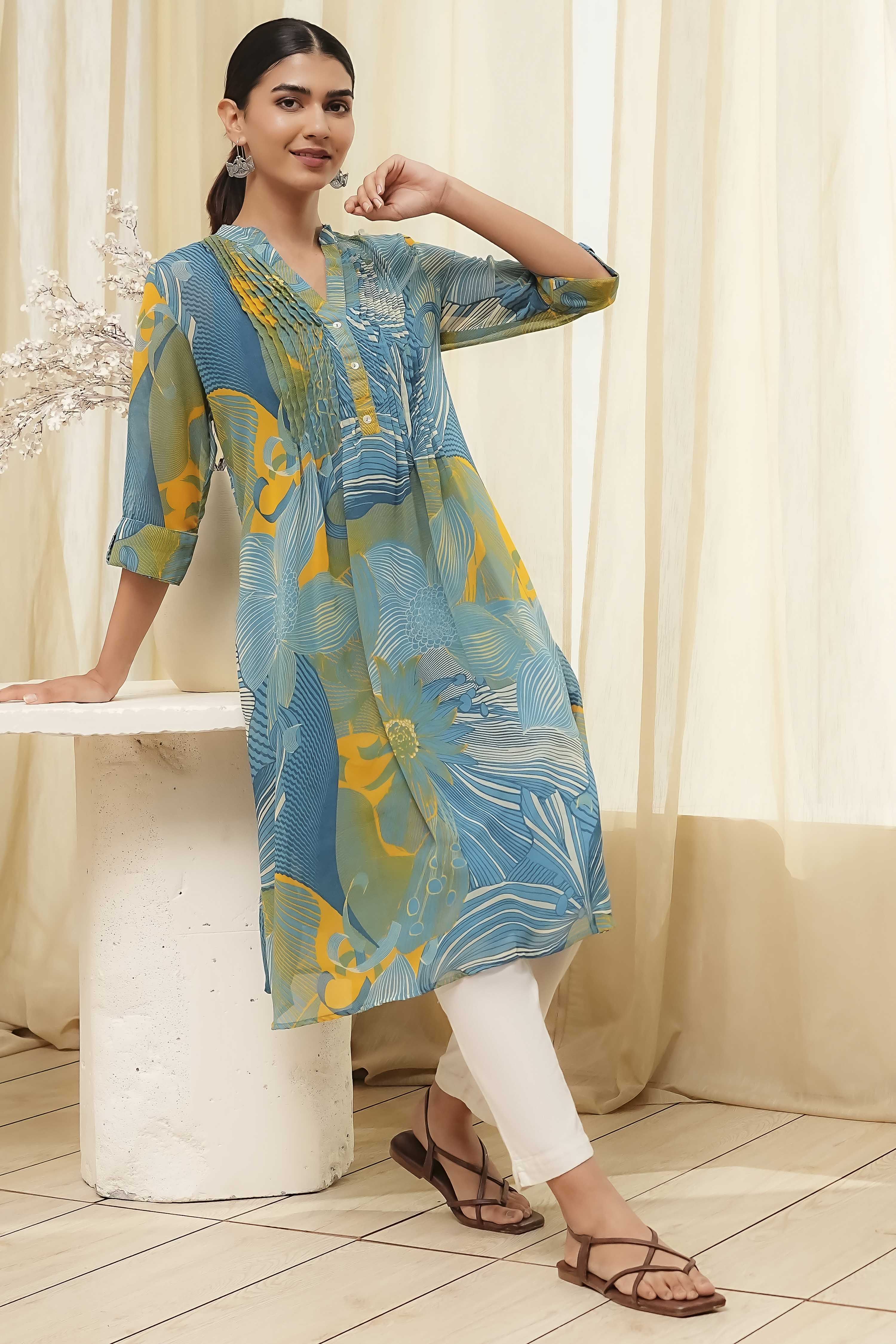 Blue Printed Pleated A-Line Kurta image number 0
