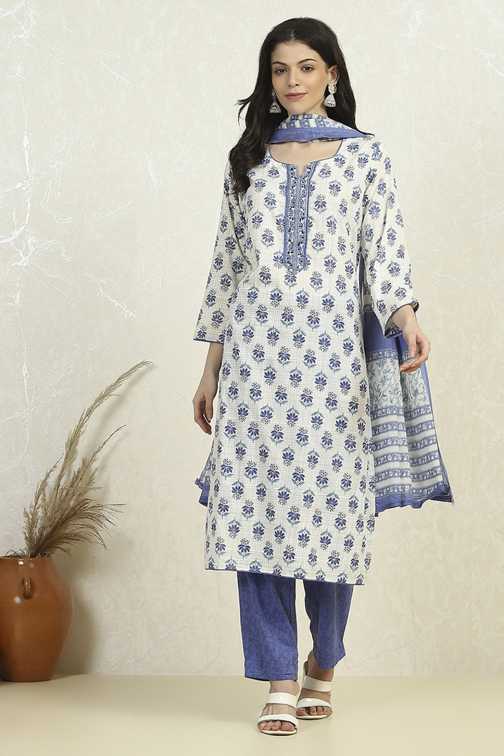 Orange Cotton Printed Embroidered Unstitched Suit Set image number 7