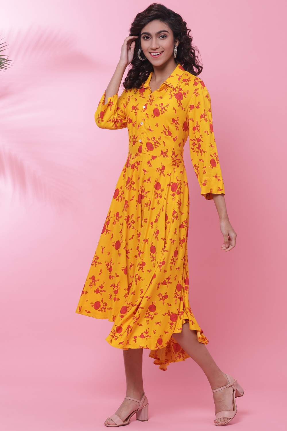 Mango Yellow Rayon Flared Printed Dress image number 2