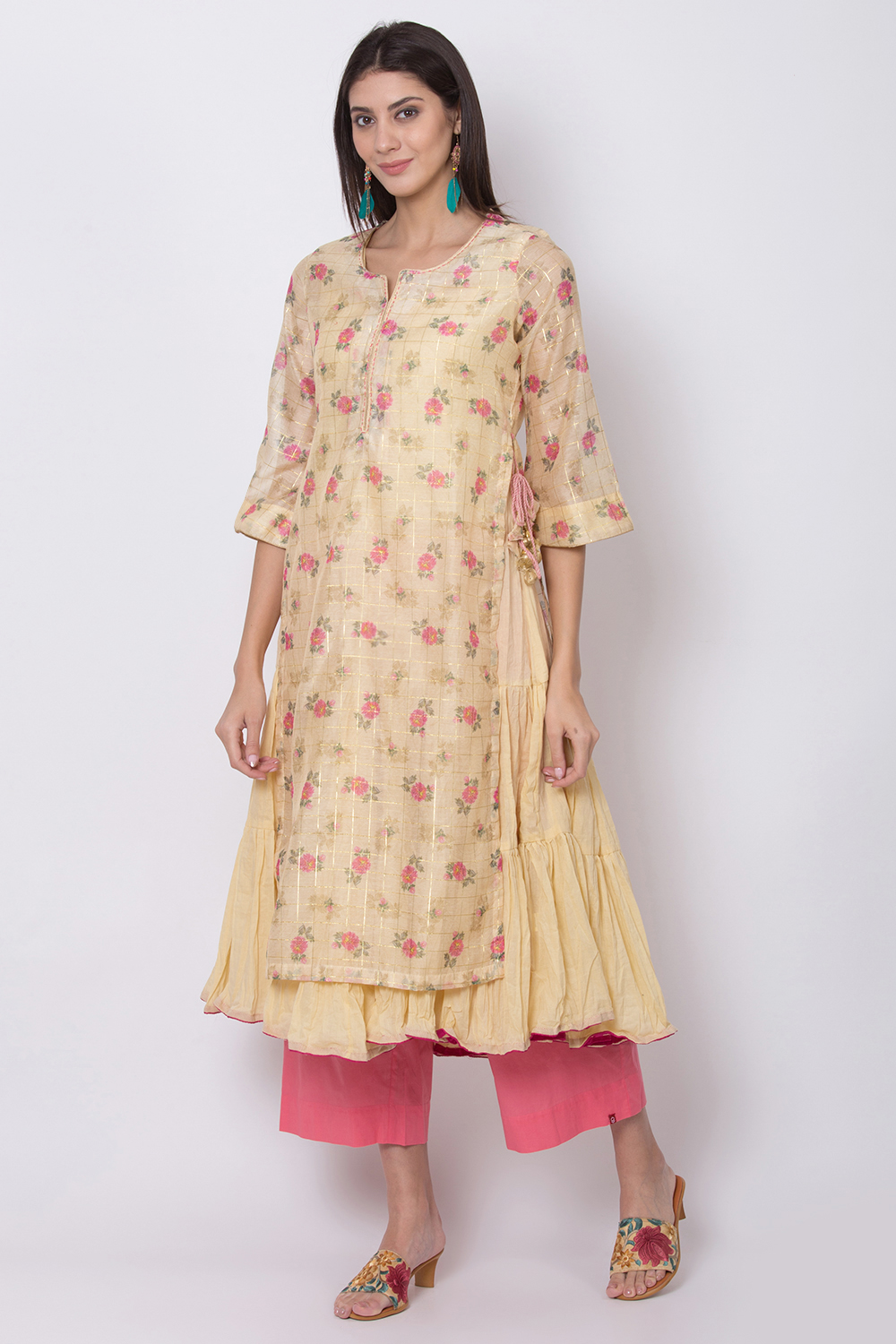 Yellow Poly Metallic Cotton Flared Printed Kurta image number 0