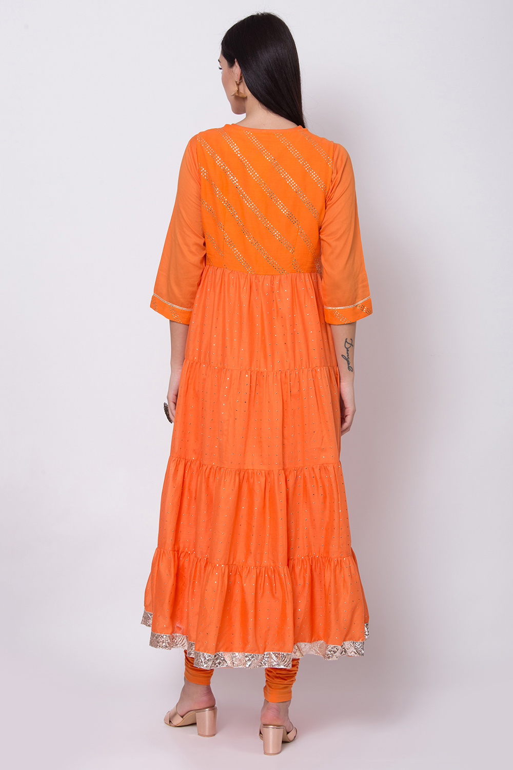 Orange Cotton Front Open Kurta Churidar Suit Set image number 5