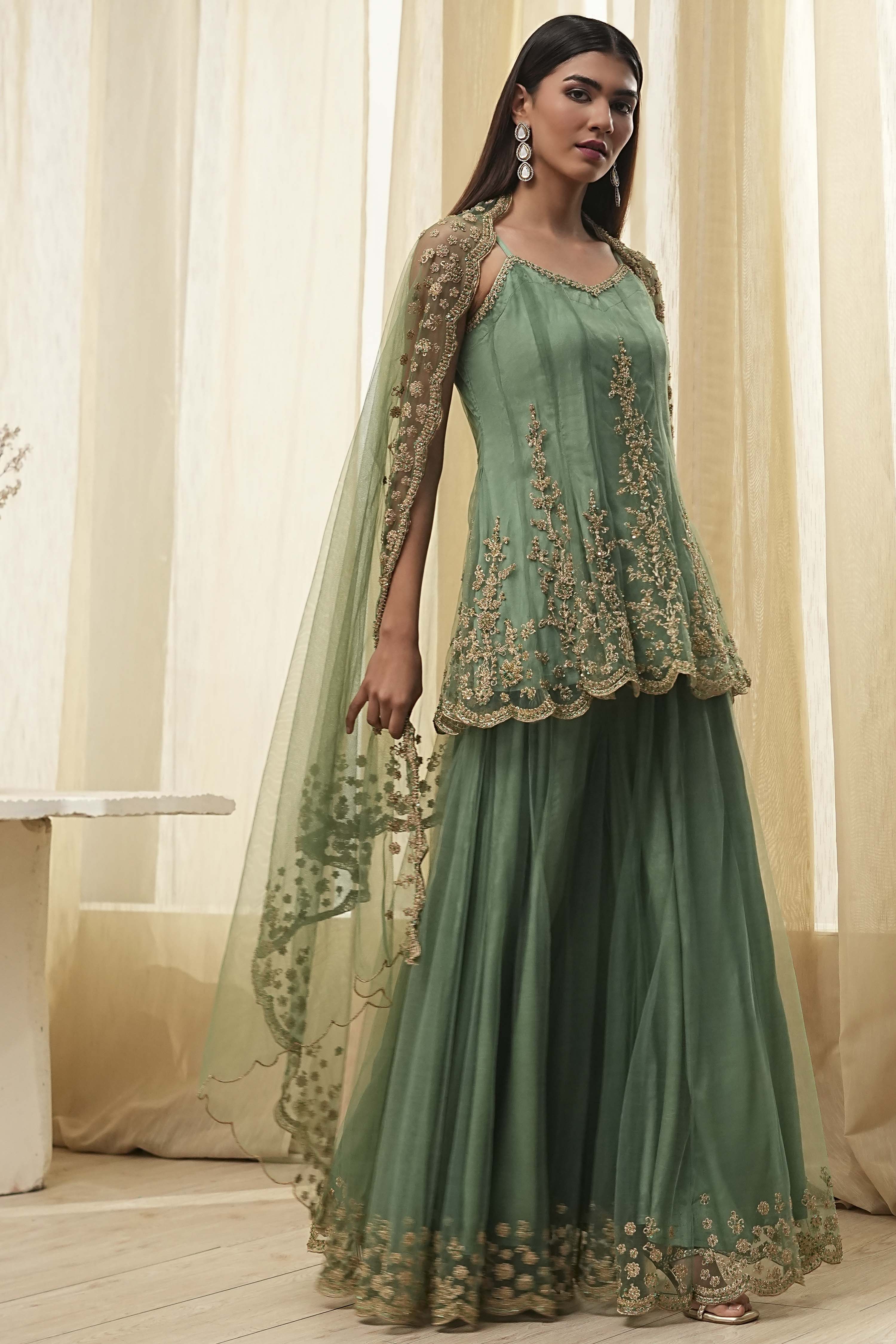 Green Net Embroidered Kalidar Suit Set image number 5