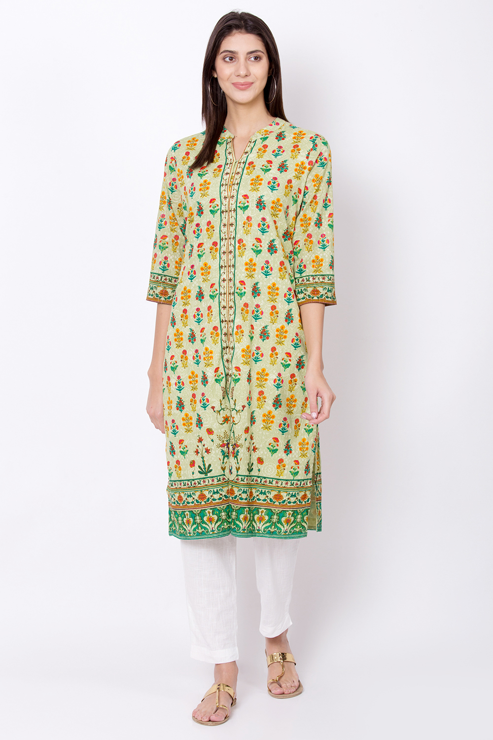 Green Cotton Front Slit Printed Kurta image number 0