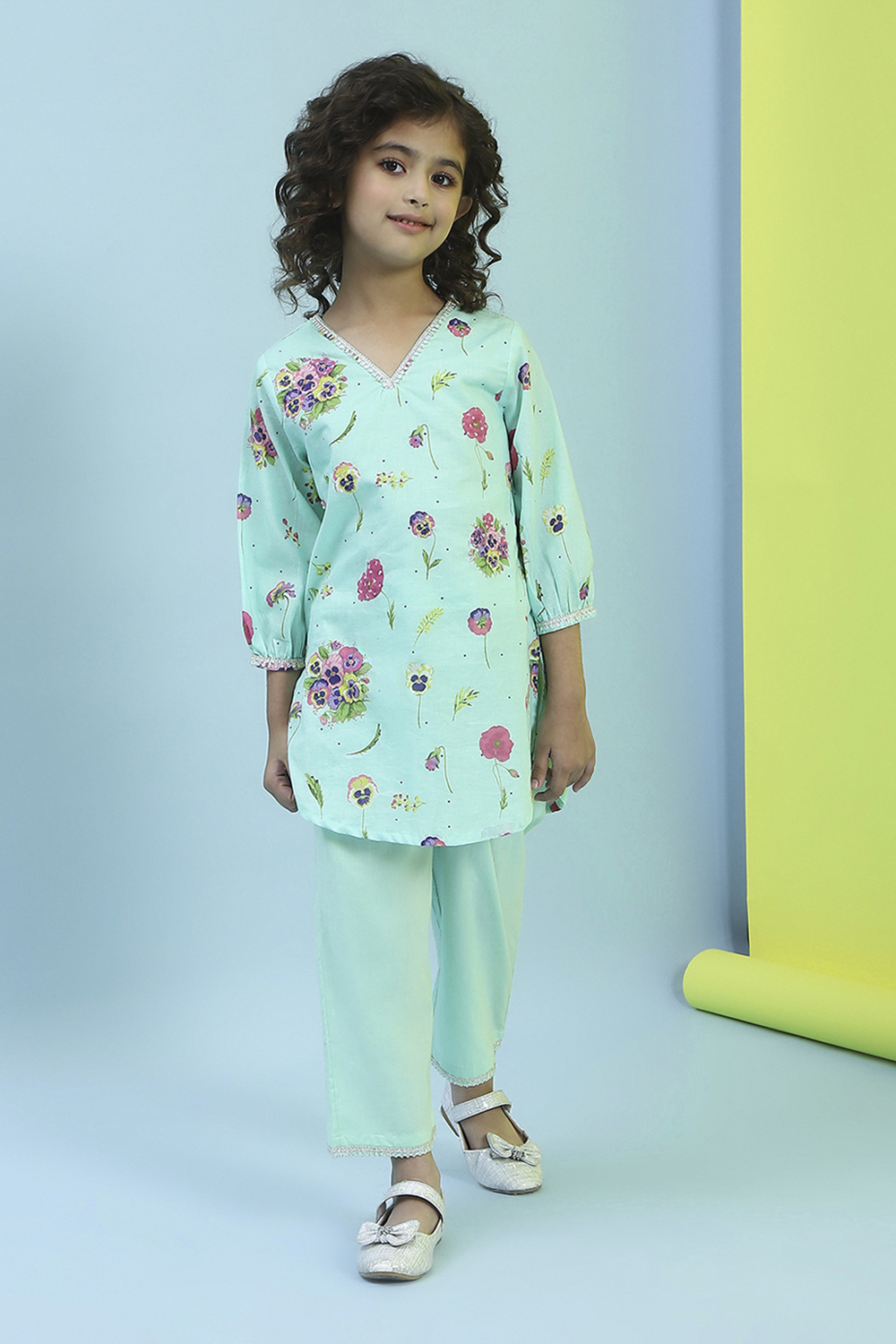 Turquoise Cotton Straight Suit Set image number 6