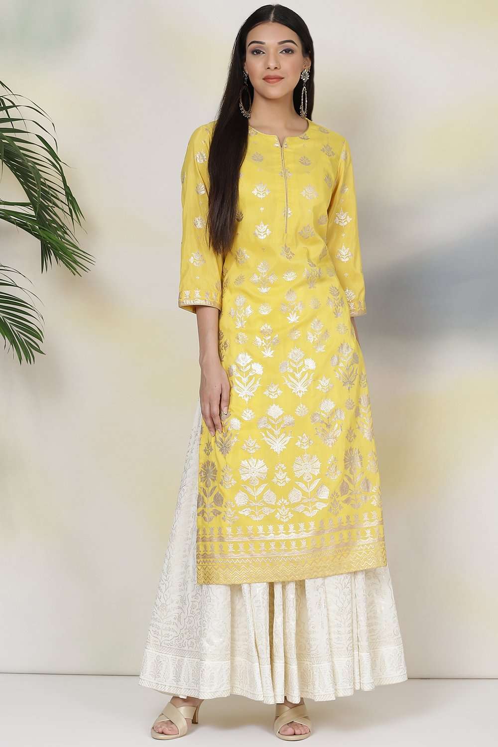 Yellow Art Silk Straight Printed Kurta image number 0