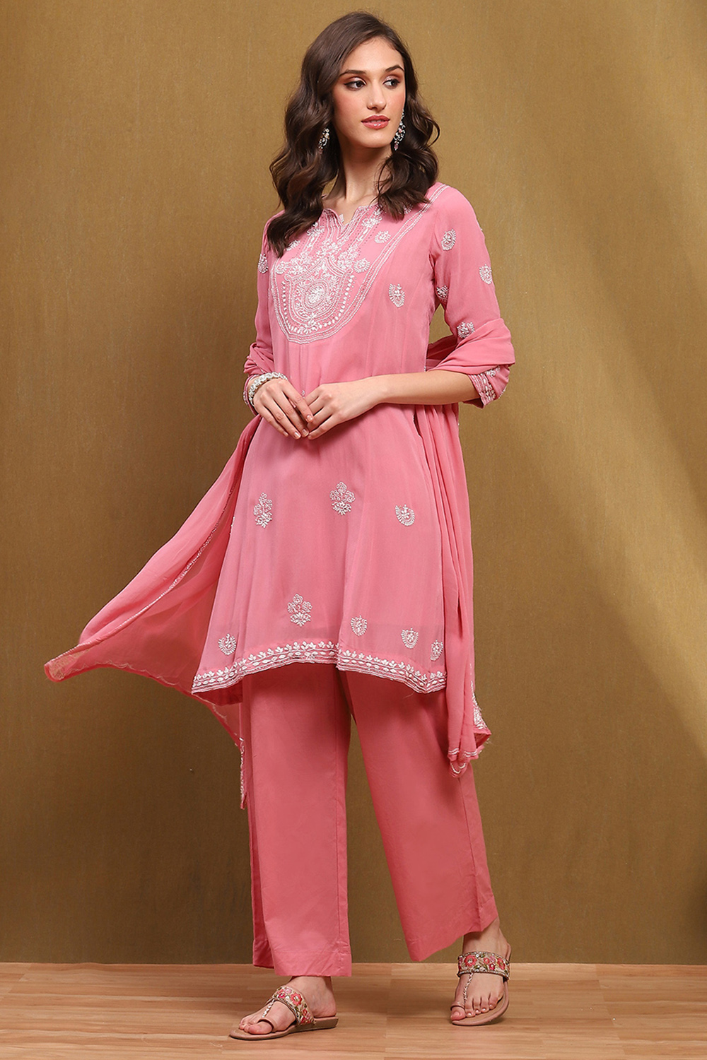 Pink Embroidered Kalidar Suit Set image number 0