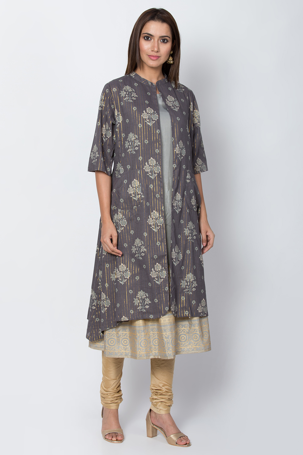 Light Grey Metallic Cotton Front Open Printed Kurta image number 0