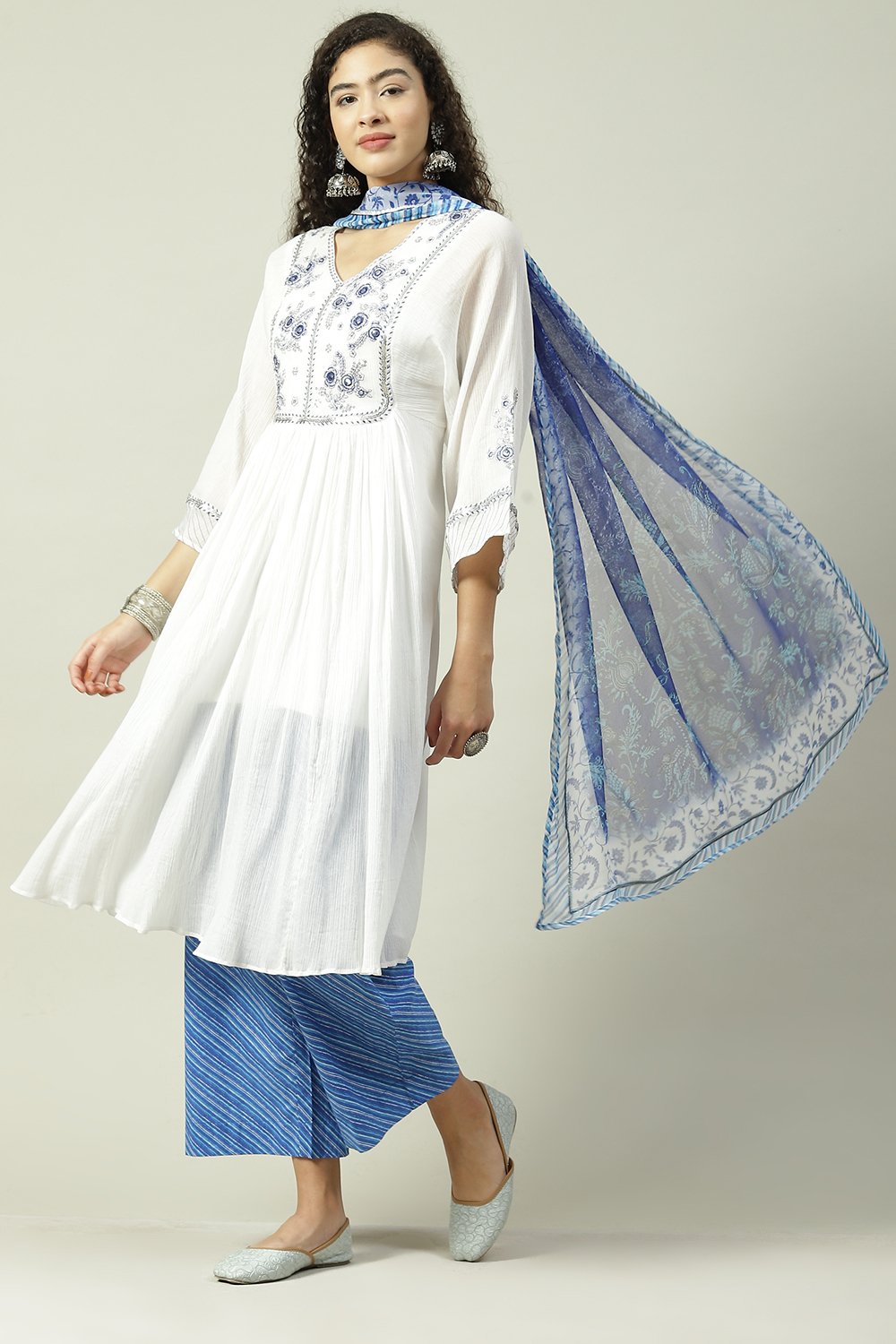 White Blue Cotton A-Line Kurta Palazzo Suit Set image number 6