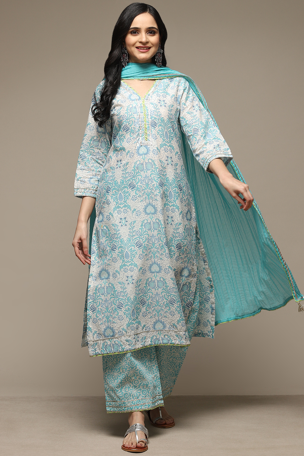 Off White & Blue Cotton Straight Kurta Palazzo Suit Set image number 0