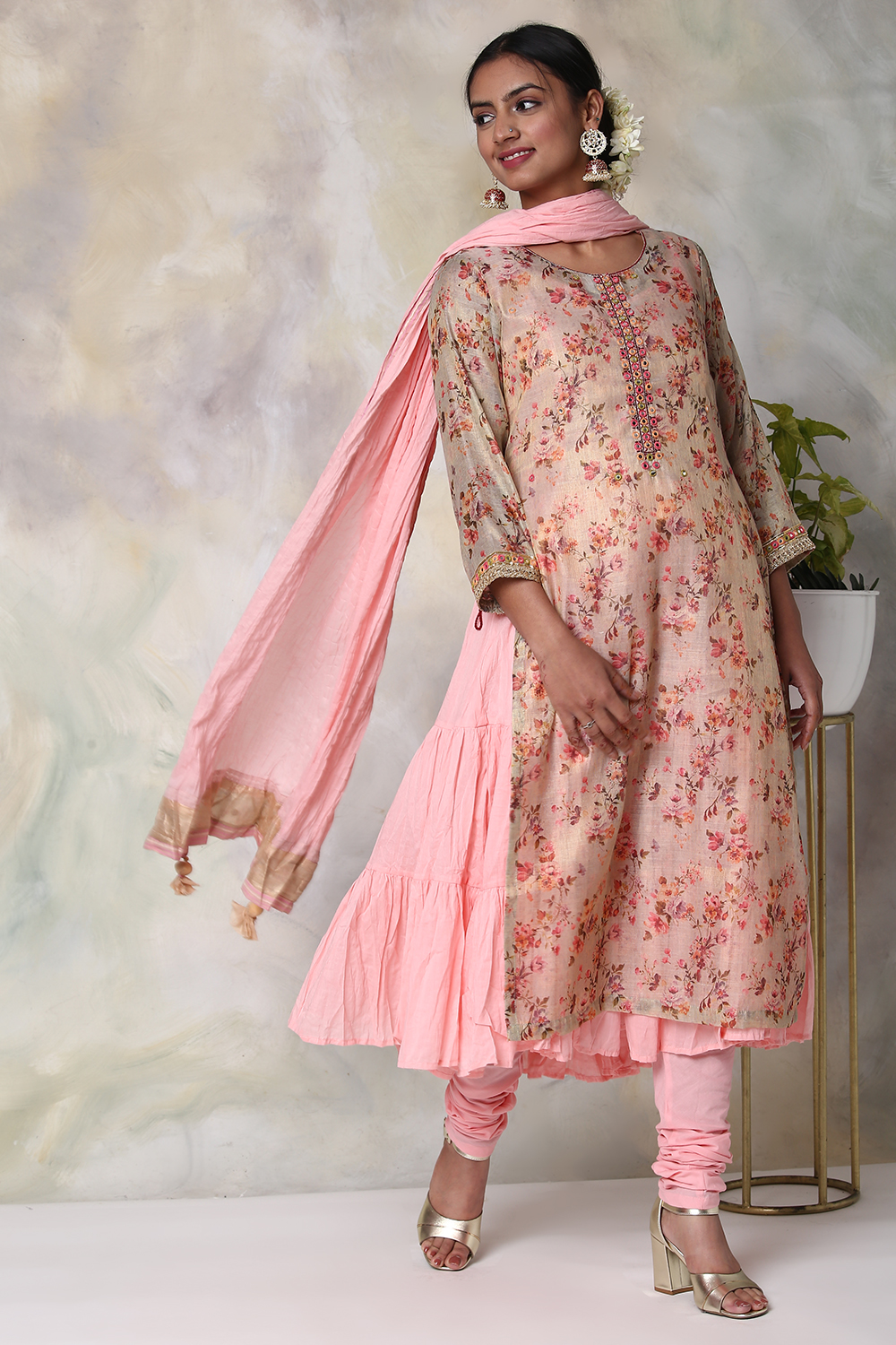Blush Pink Cotton Double Layered Kurta Churidar Suit Set image number 6