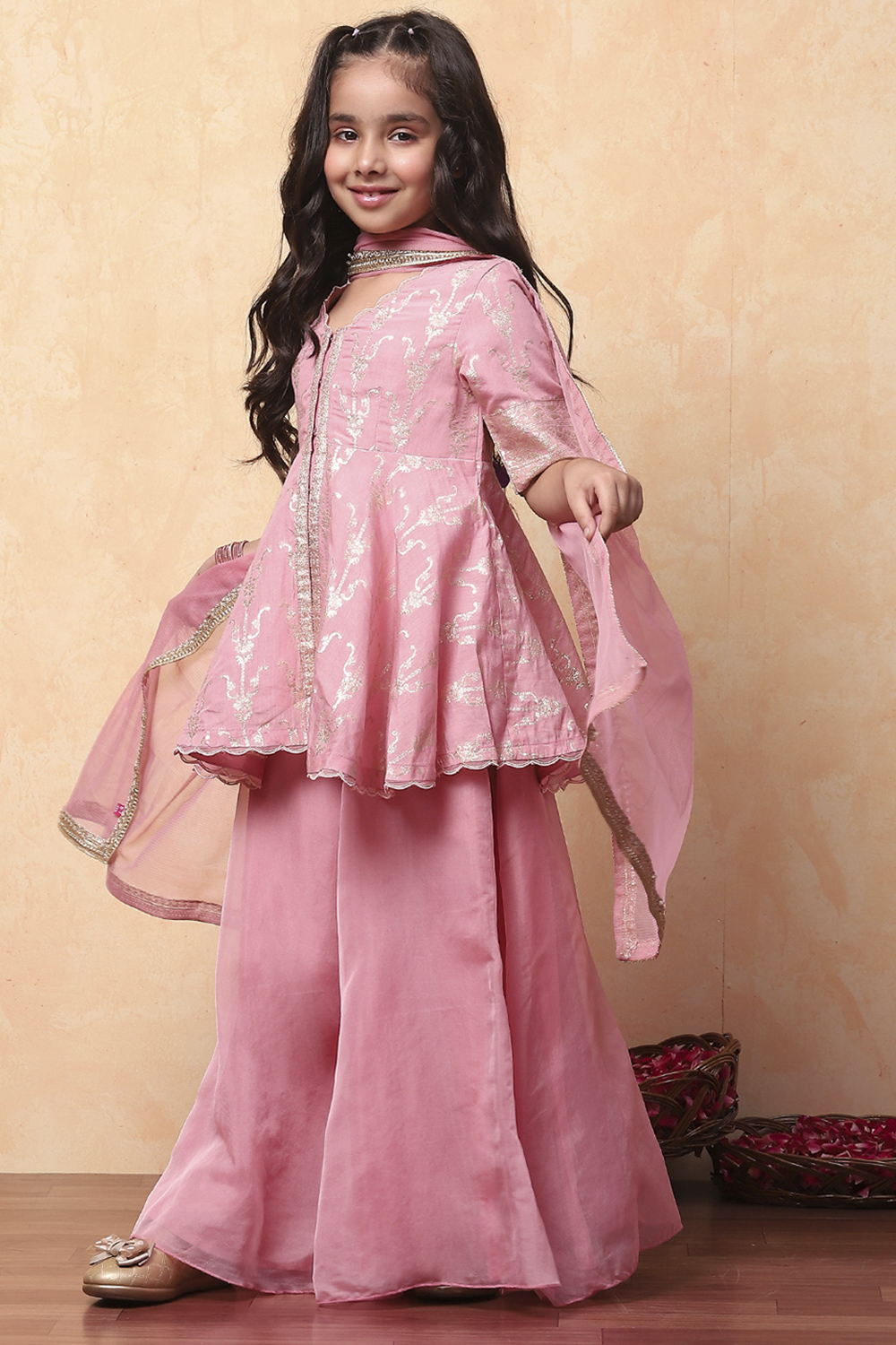Purple Viscose Rayon Printed Front Open Sharara Suit Set image number 3