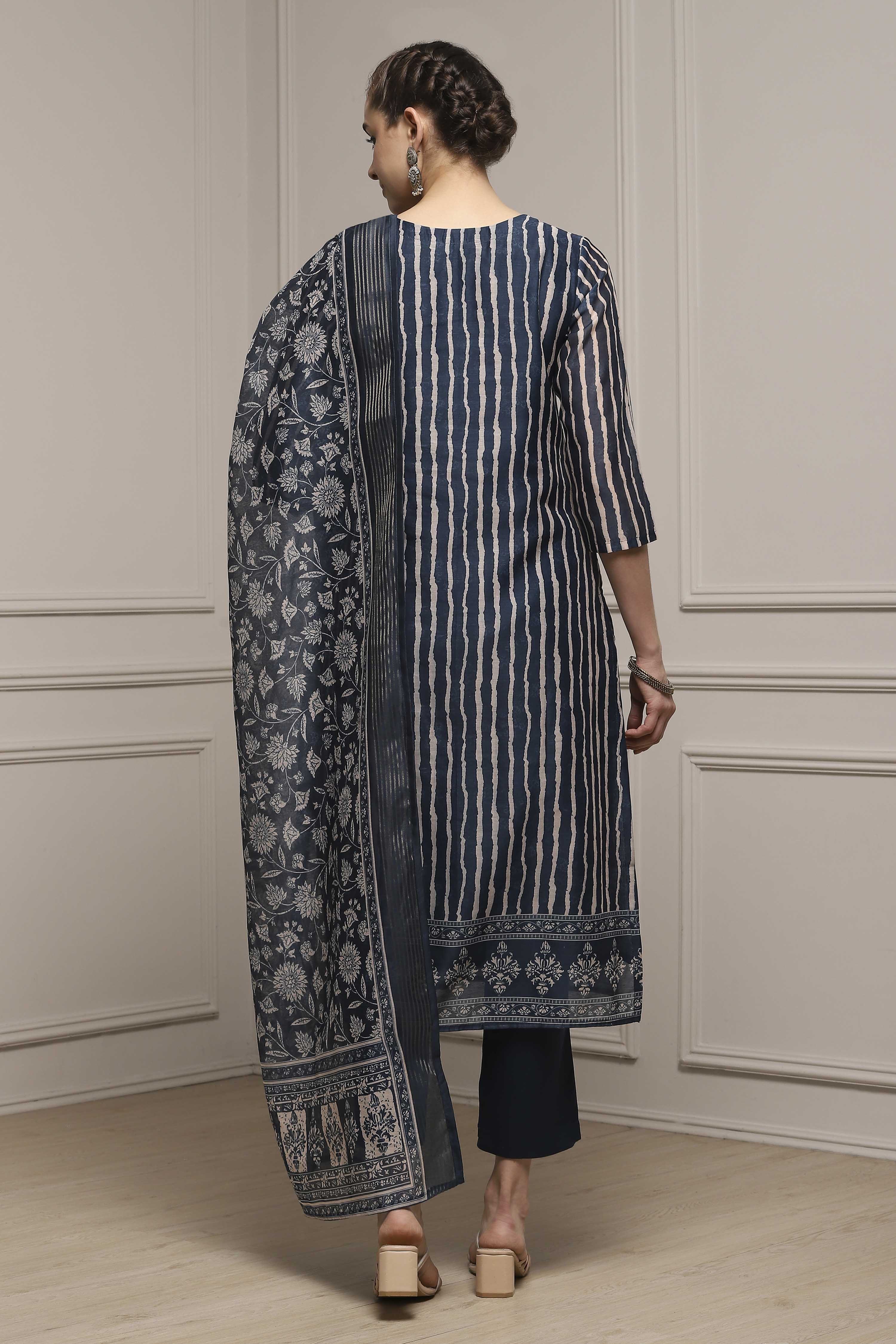 Blue Chanderi Blend Printed Embroidered Unstitched Suit Set image number 5