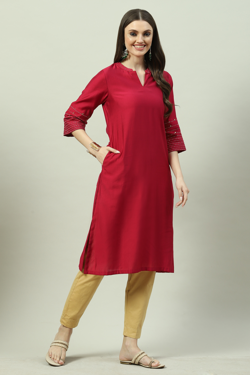 Berry Pink  LIVA Straight Yarndyed Kurta image number 4